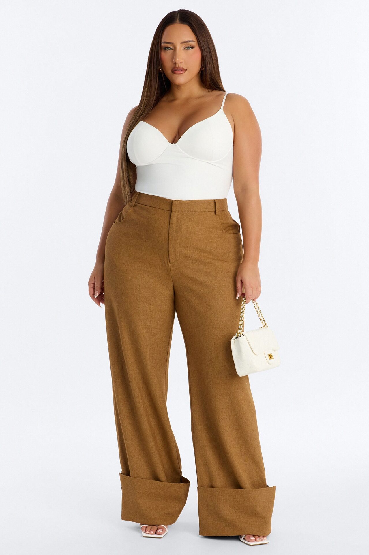 Clara High Rise Wide Leg Cuffed Trouser Pant - Brown
