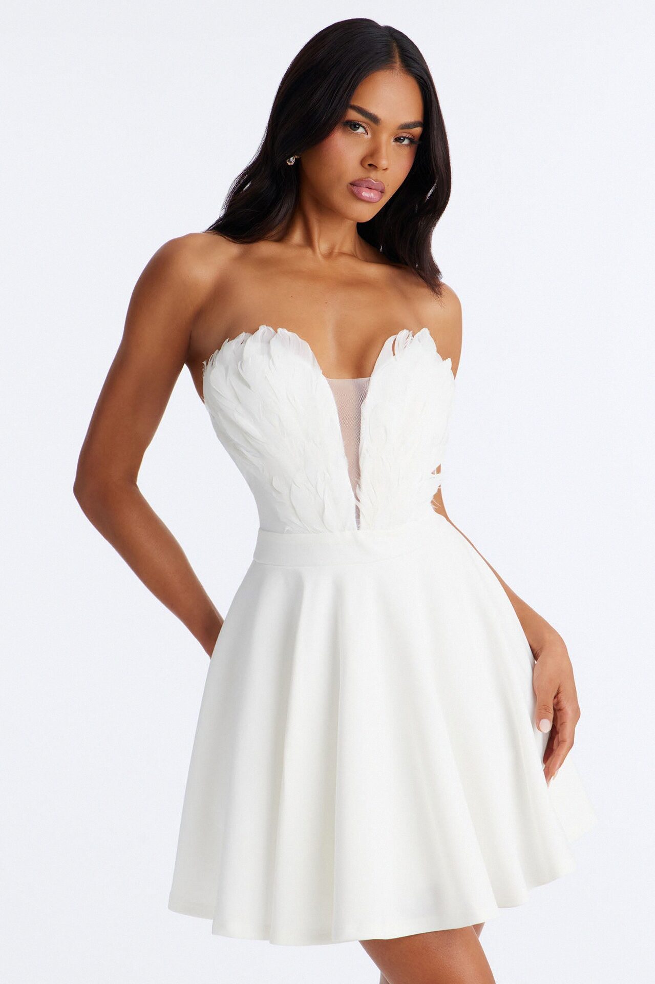 Soft Reign Feather Strapless Mini Dress - White