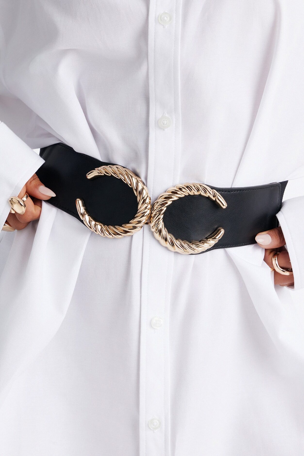 Two Moons Faux Leather Wide Stretch Belt - Black