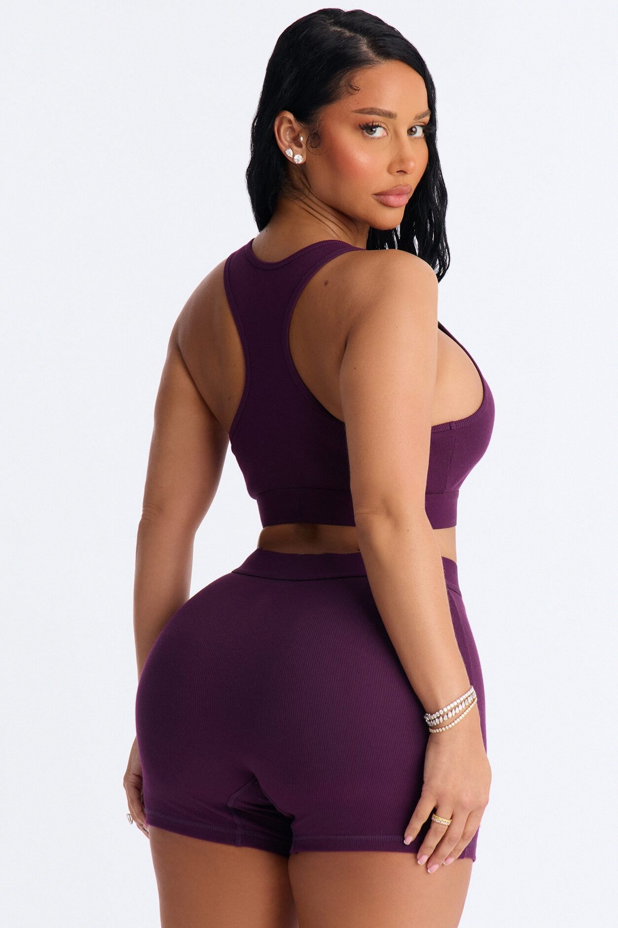 FN Mood Cotton Ribbed Racer Back Bra and Boxer Set - Plum