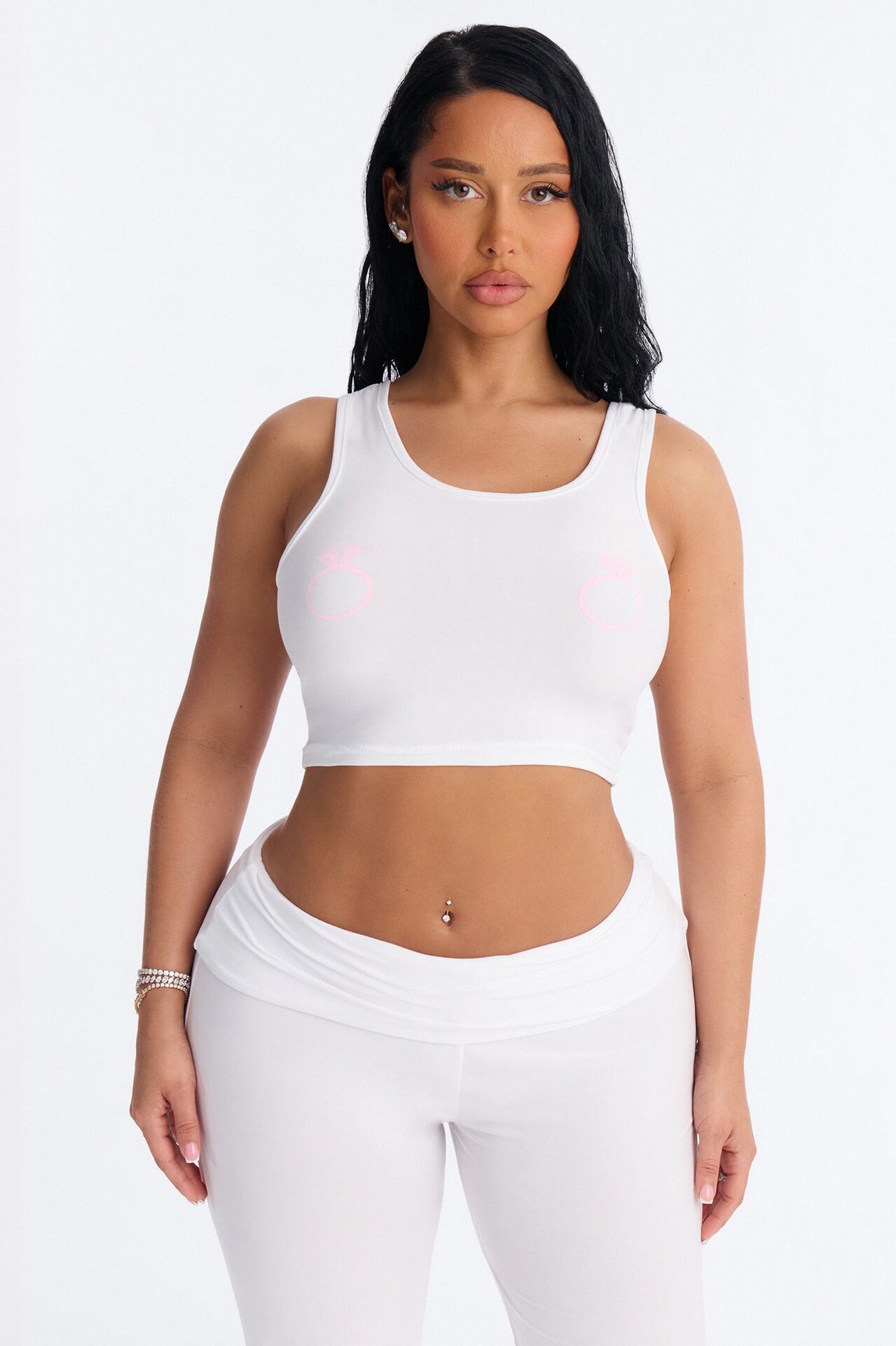 Put A Ring On It Tank & Foldover Pant PJ Set - White/Pink