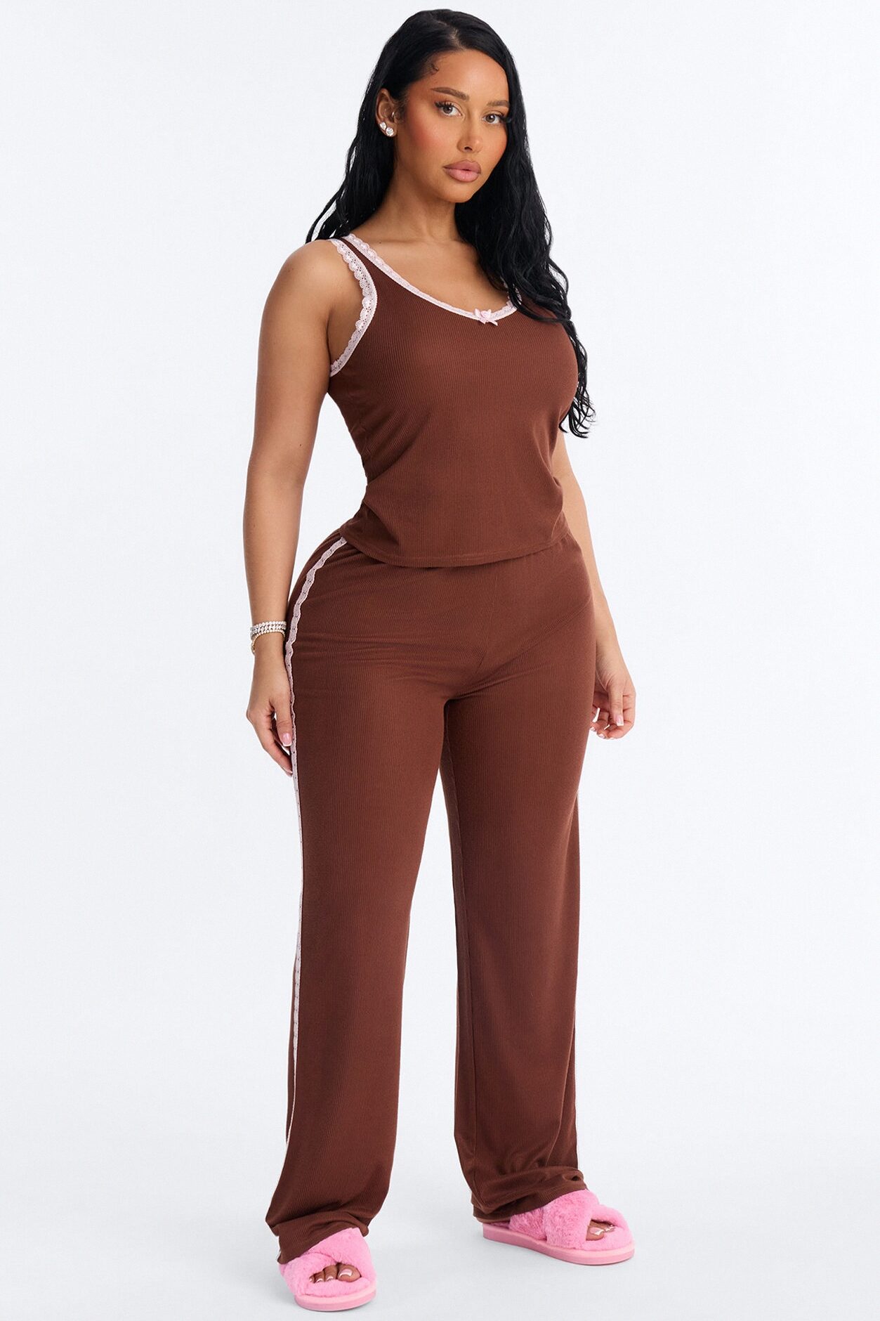 Lace Me Up PJ Pant Set - Brown/combo