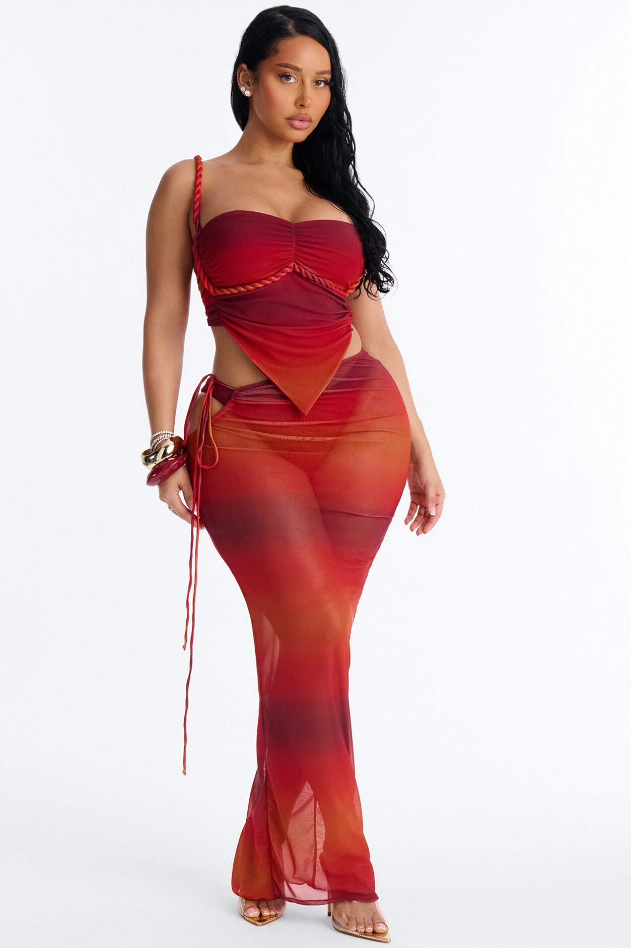 Ileen 3 Piece Mesh Rope Bandeau Bikini & Cover Up Maxi Skirt Sunsuit - Red/combo