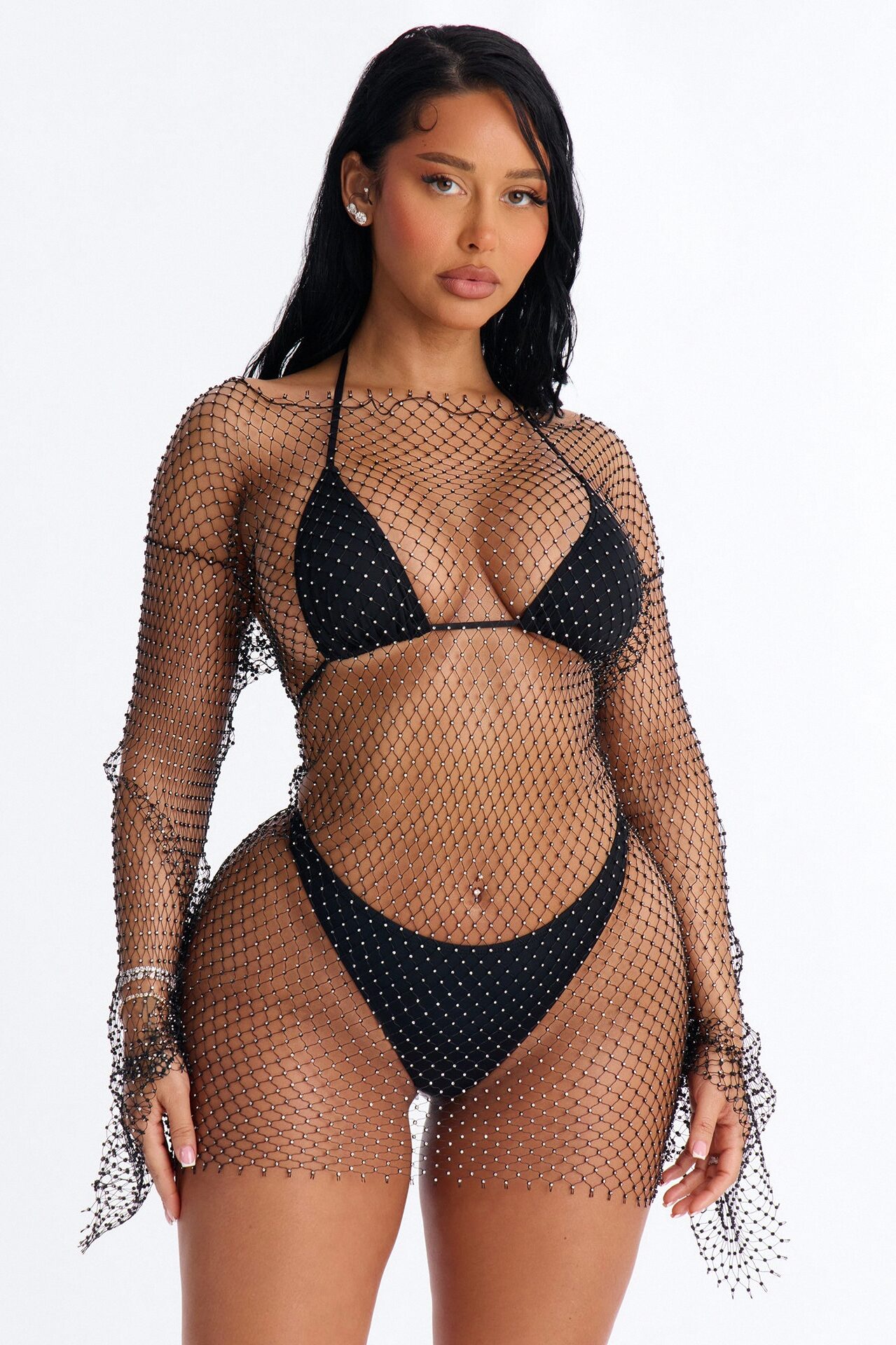 Caught In Rhinestone Fishnet Swim Cover Up Mini Dress - Black