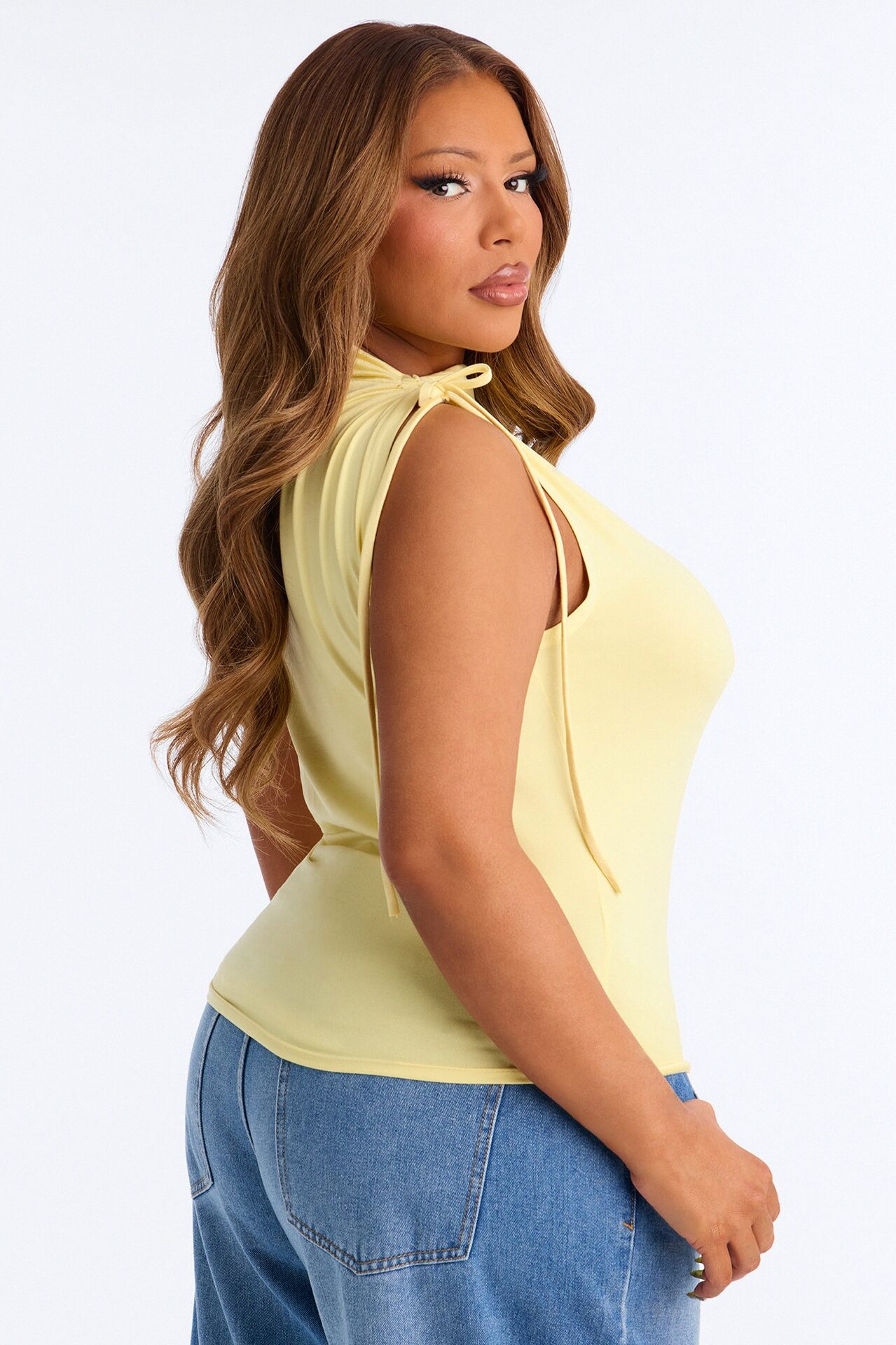 Devon Ruched Drawstring Mock Neck Top - ButterYellow