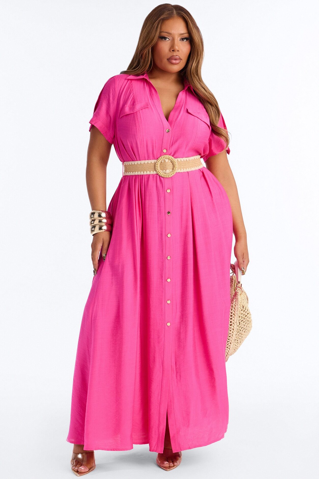 Laurel Linen Maxi Shirt Dress - HotPink