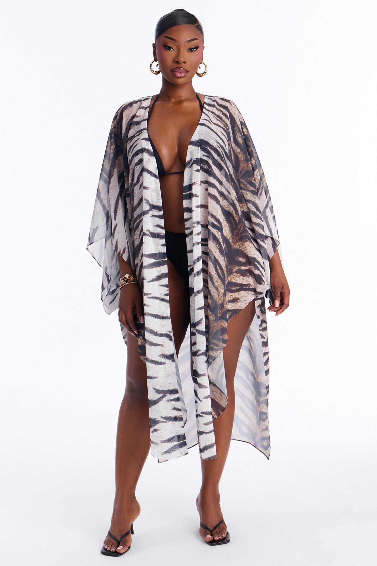 Wildin Out Long Sleeve Animal Print Cover Up Kimono - Brown/combo