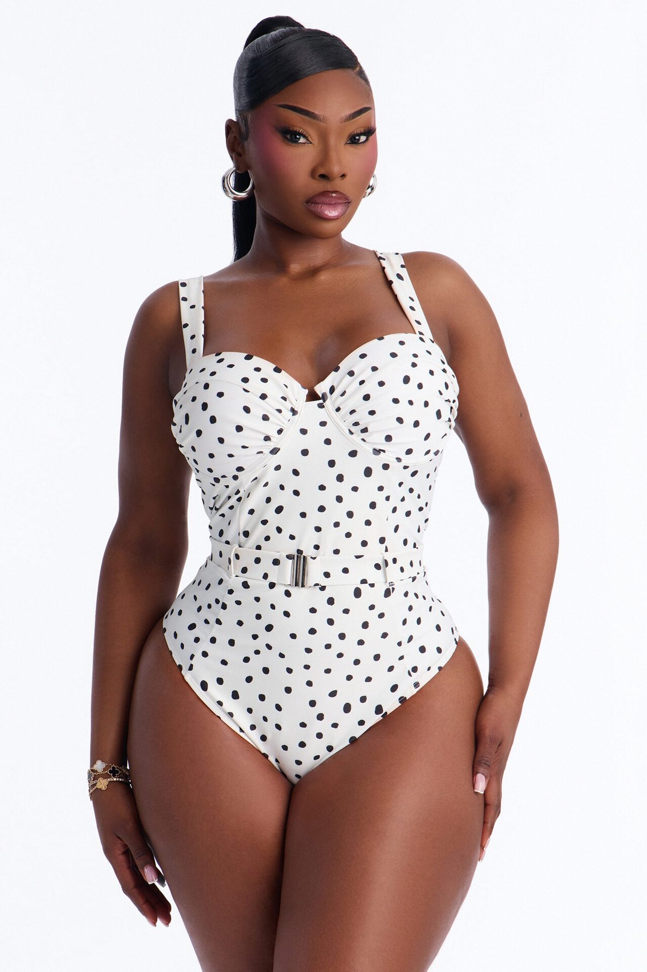 Coastal Romance 1 Piece Polka Dot Belted Underwire Swimsuit - White/Black