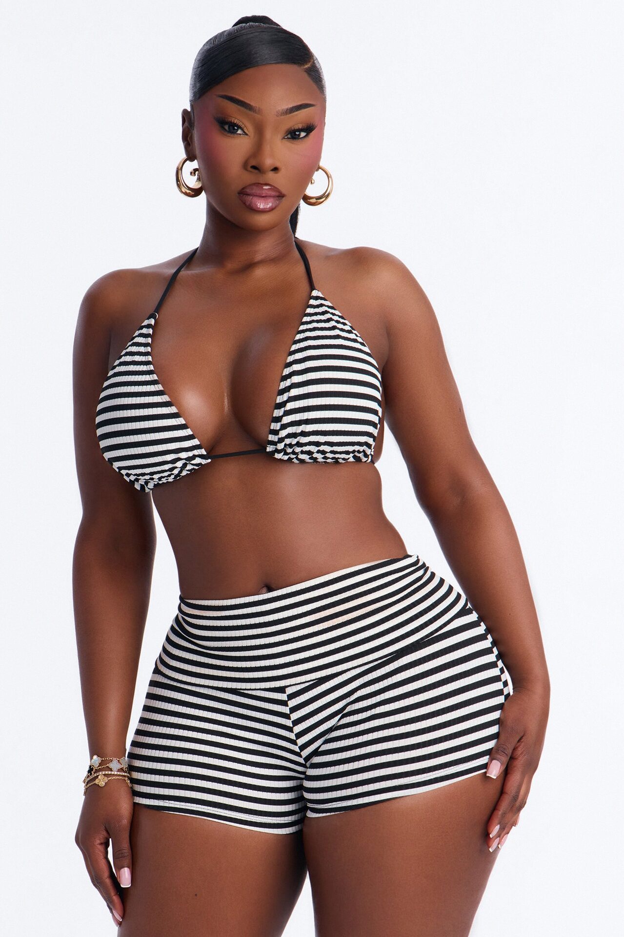 Found A Way Striped Bikini And Coverup Shorts - Black/White