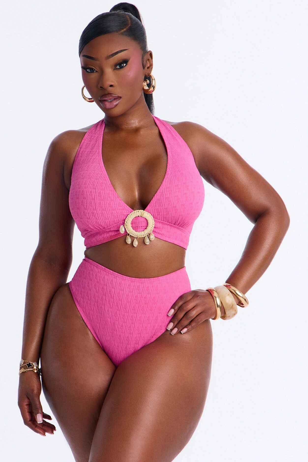 Graycen Textured 2 Piece Halter Bikini Set - Fuchsia
