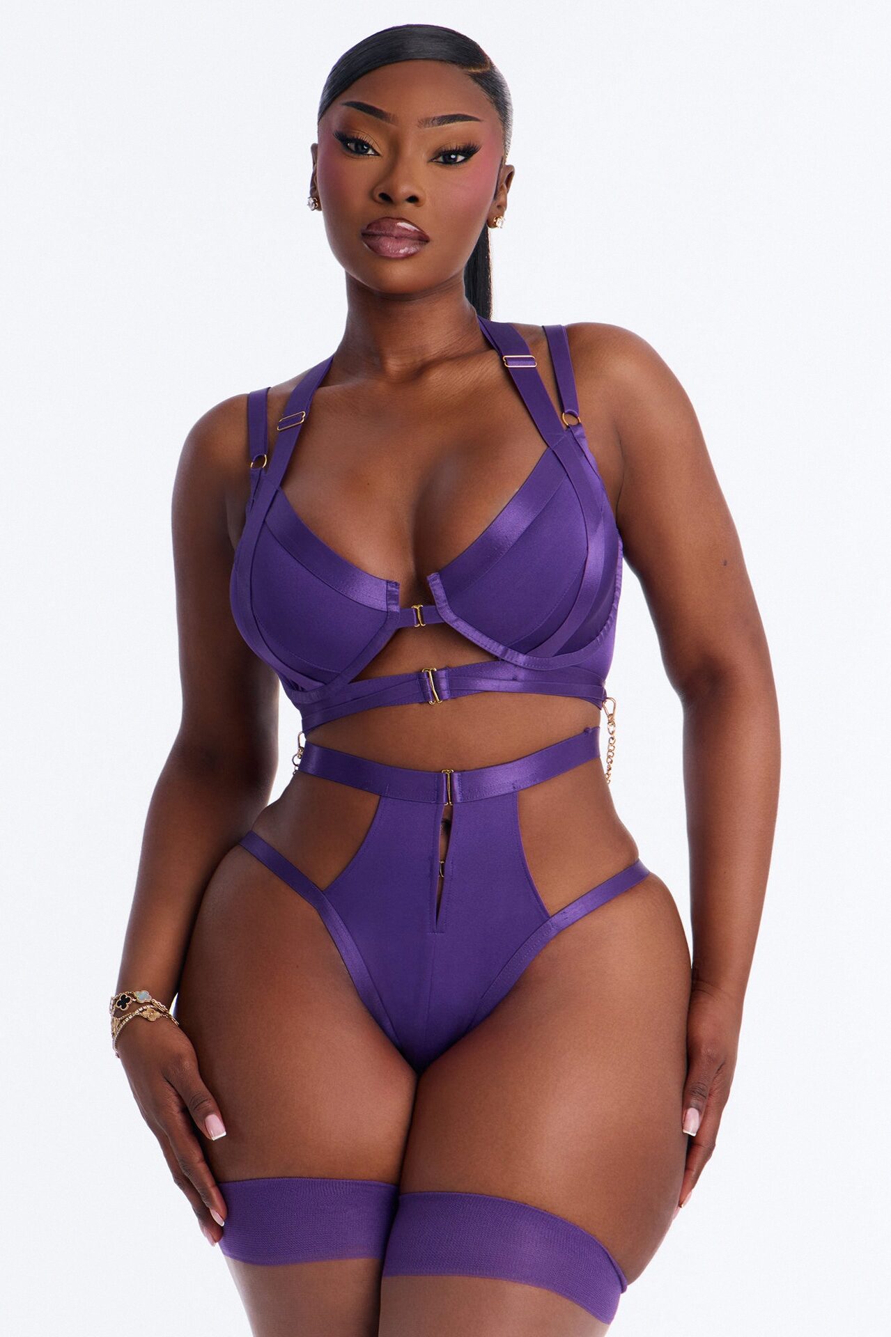 Vivi Satin Strappy 3 Piece Bra And Panty Thigh High Set - Purple