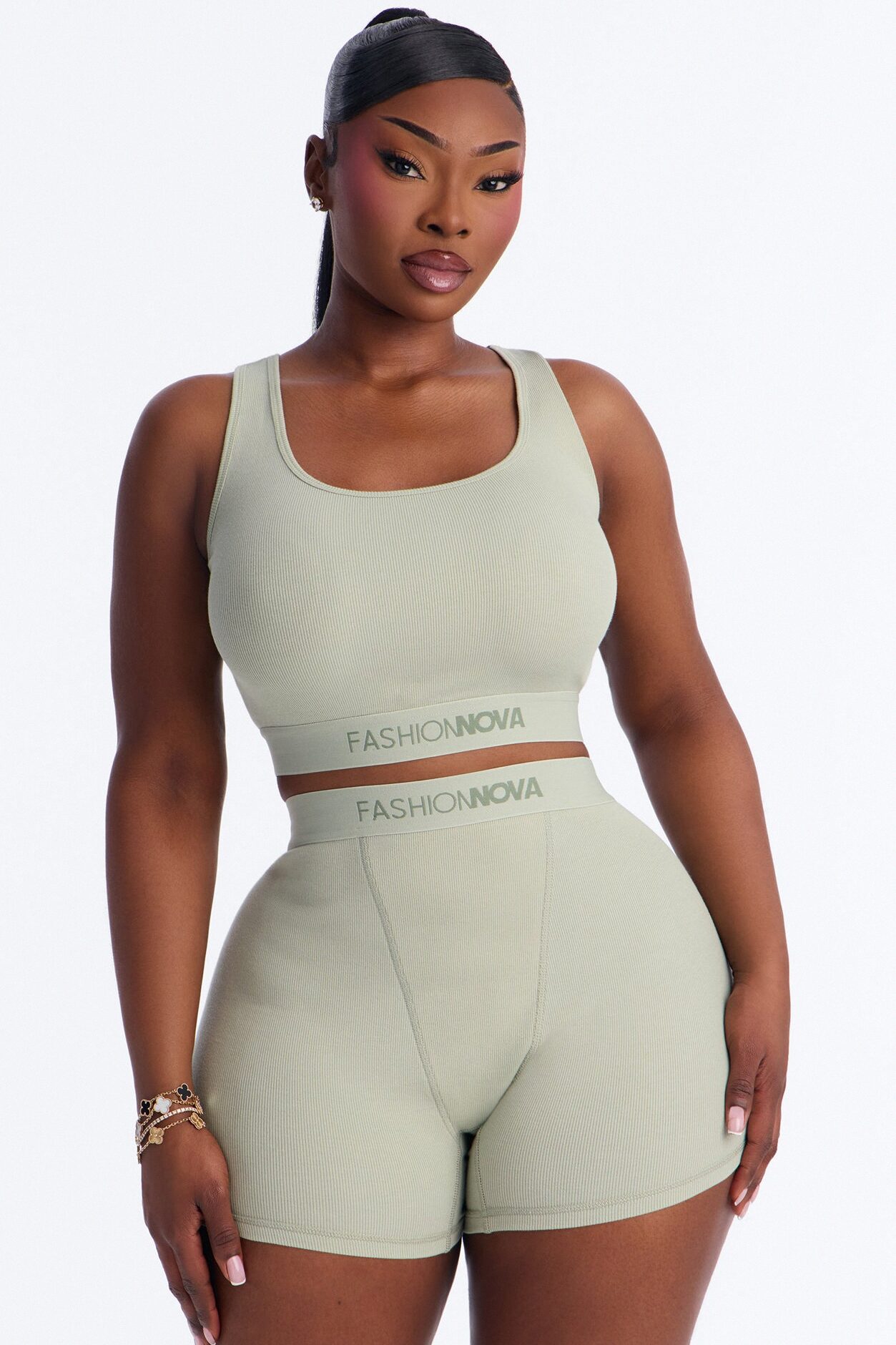 FN Mood Cotton Ribbed Racer Back Bra and Boxer Set - Sage