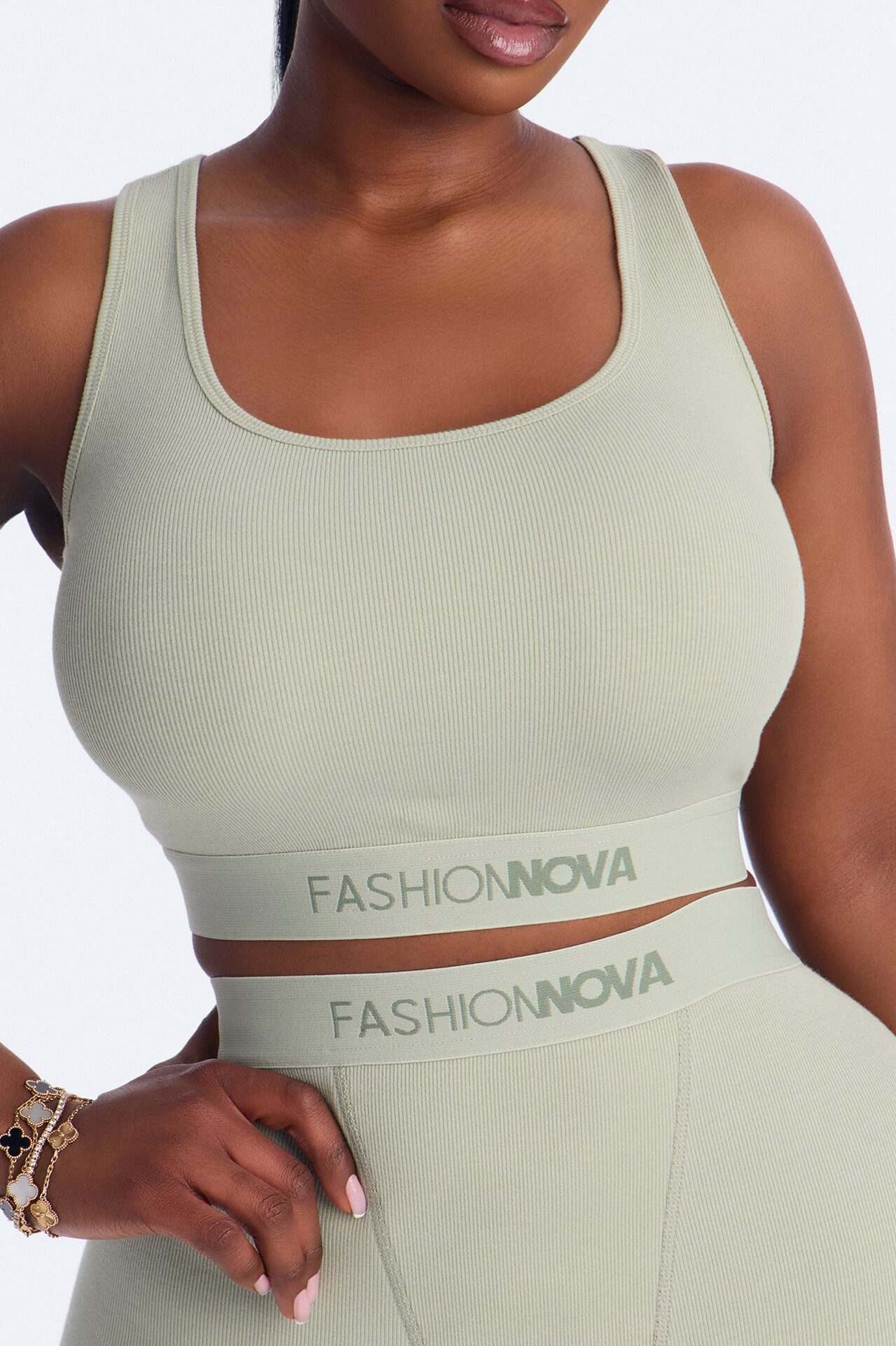 FN Mood Cotton Ribbed Racer Back Bra and Boxer Set - Sage
