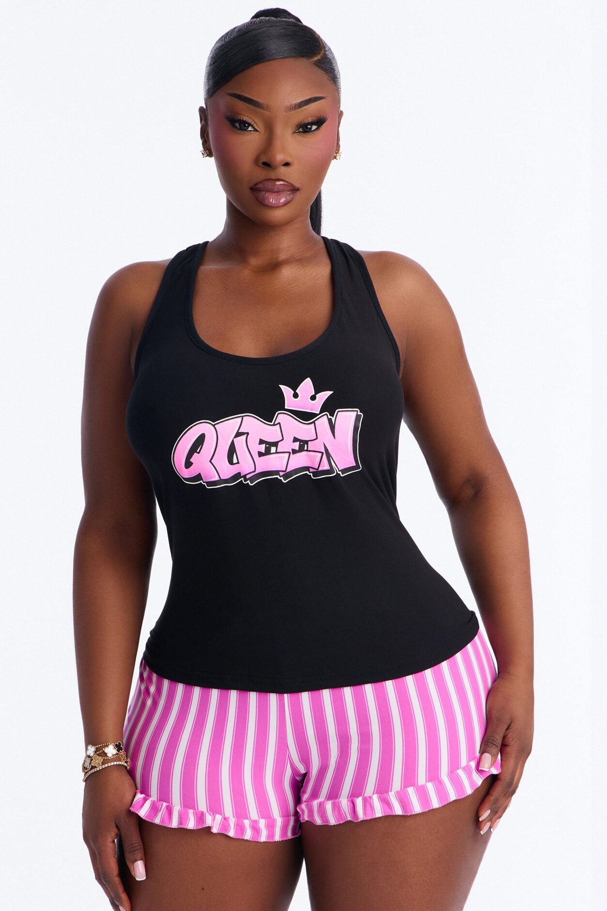 Just A Queen Racerback PJ Short Set - Black/Pink