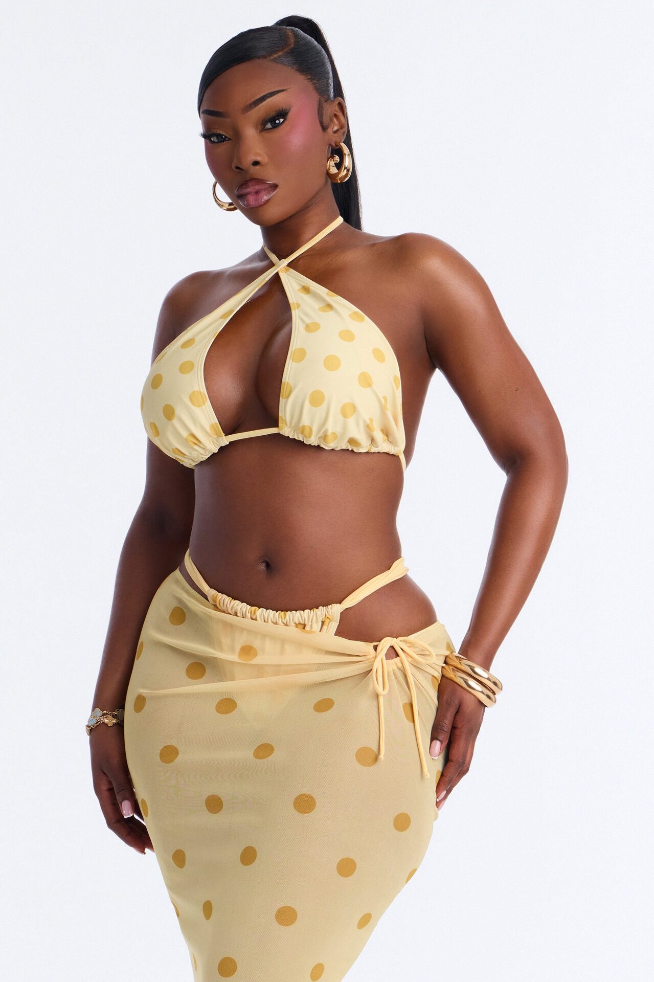 Paulette 3 Piece Polka Dot Halter Bikini & Mesh Cover Up Maxi Skirt Sunsuit - Yellow