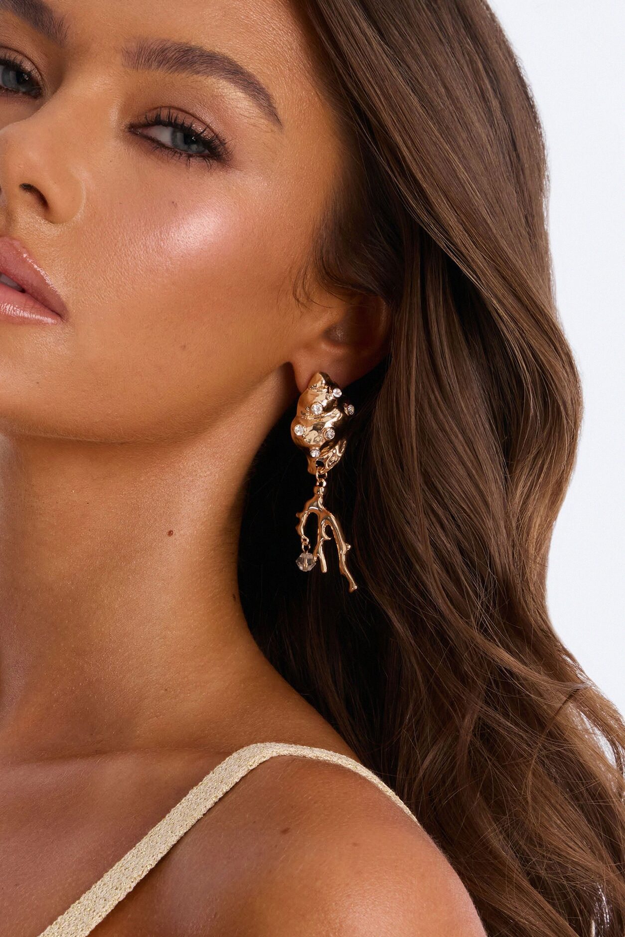 Shoreline Roots Rhinestone Earrings - Gold