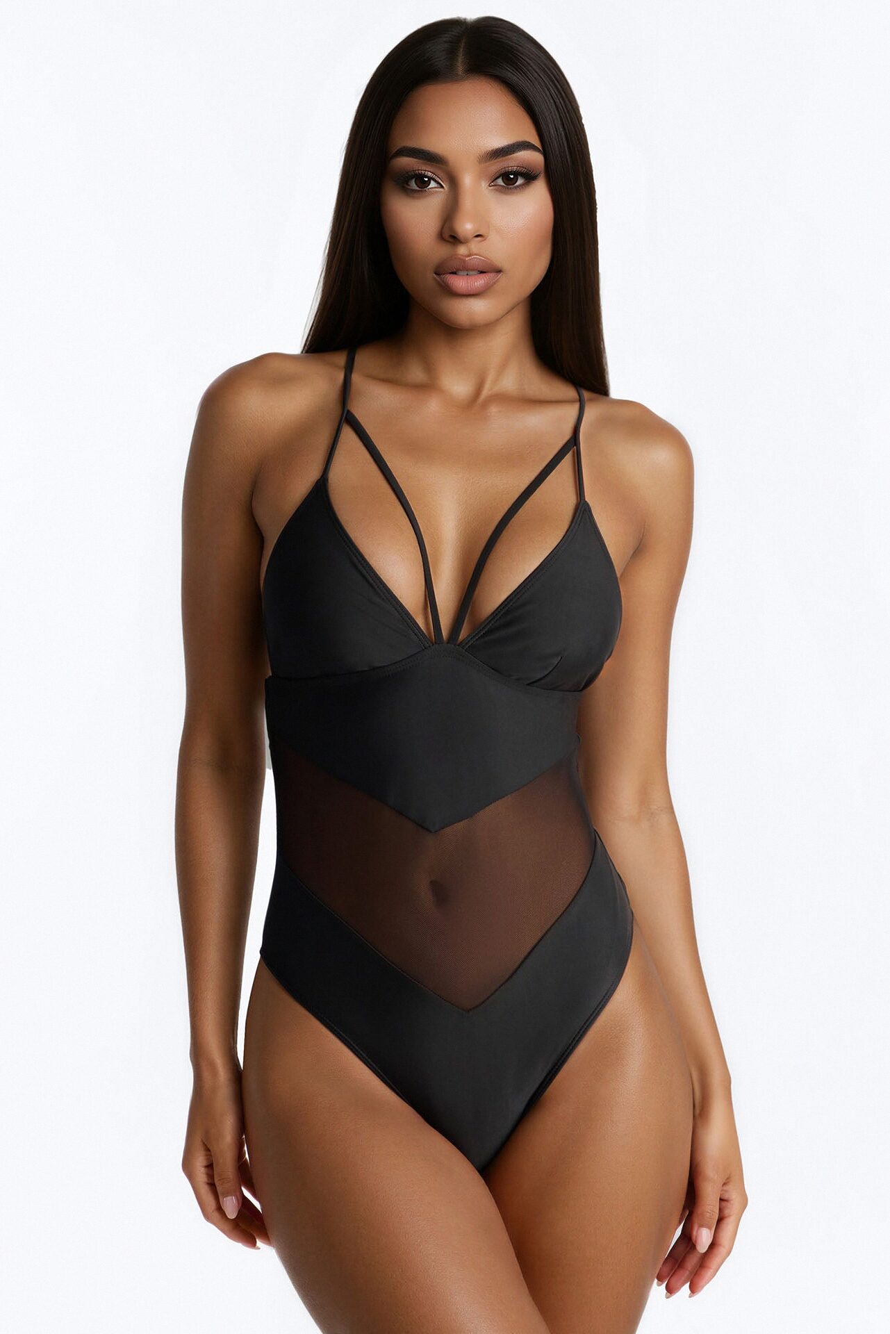 Nika 1 Piece Mesh Cutout Triangle Swimsuit - Black