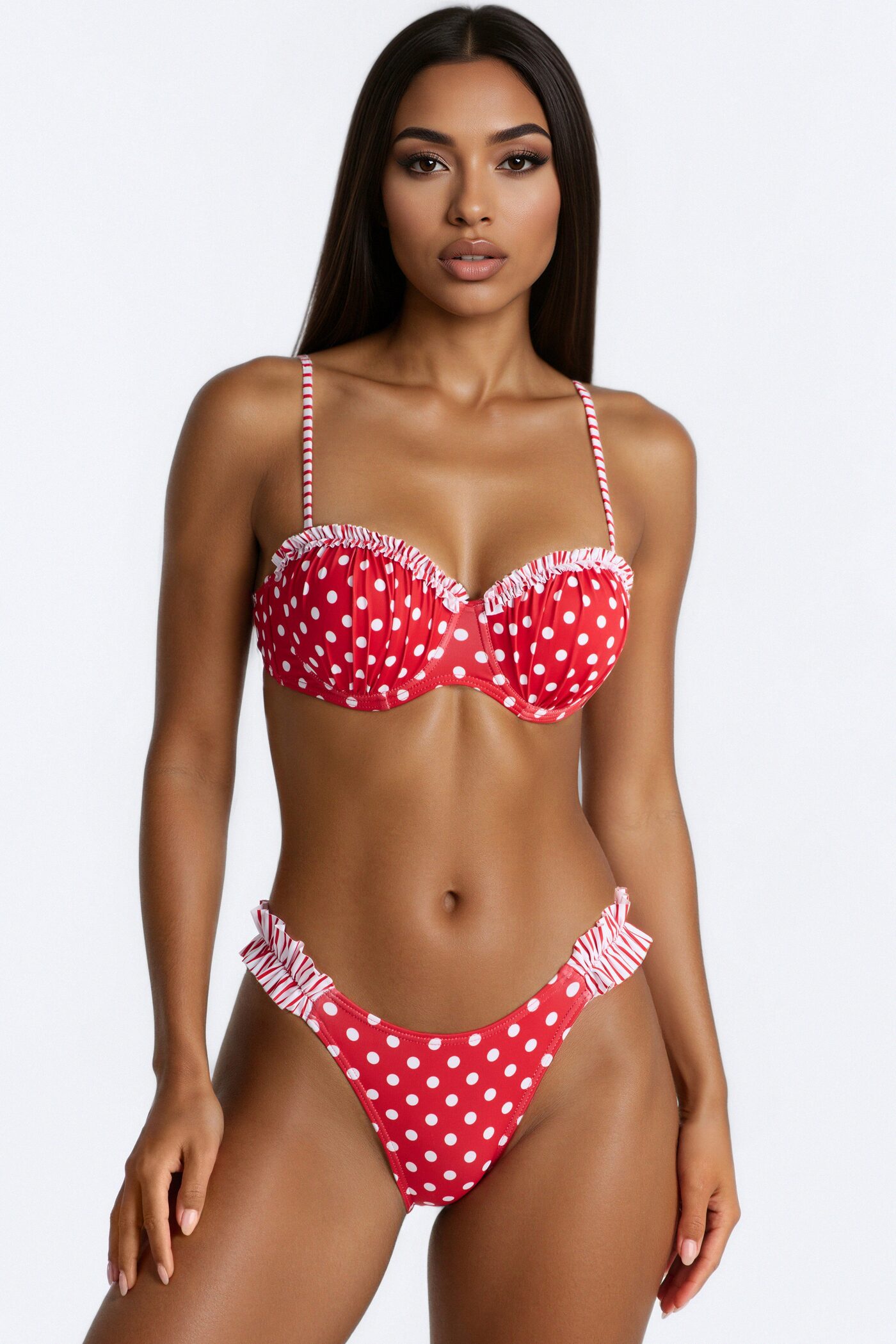 So Carefree 2 Piece Ruffle Polka Dot Underwire Bikini Set - Red/combo