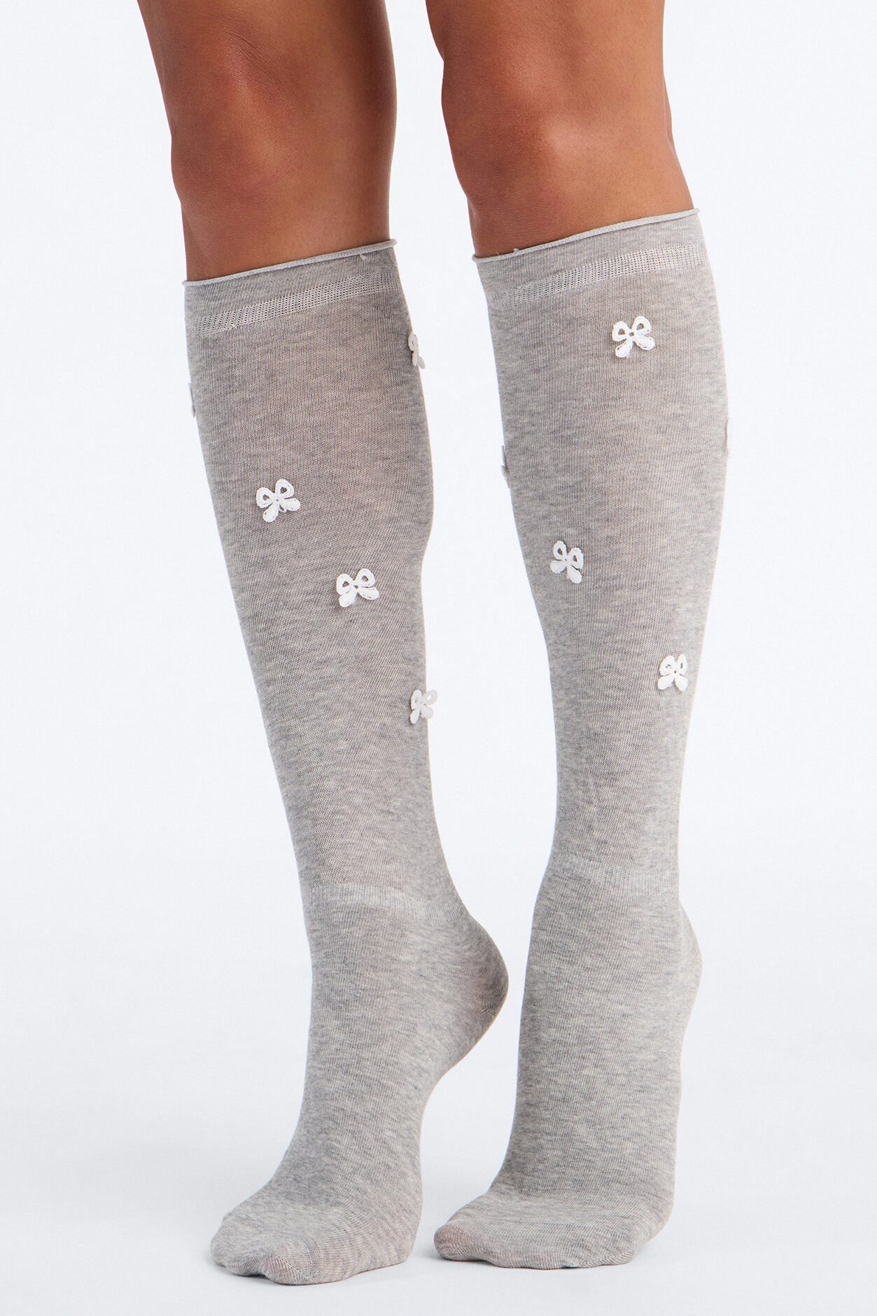 Bows On Bows Knee High Socks - Grey