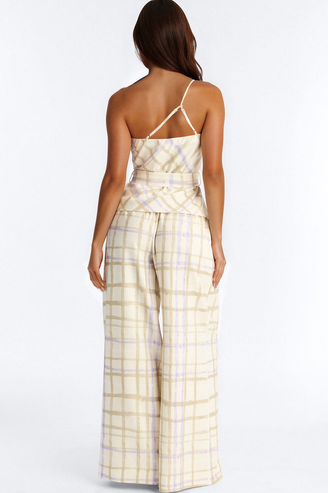 Jordan One Shoulder Belted Plaid Pant Set - Cream/combo
