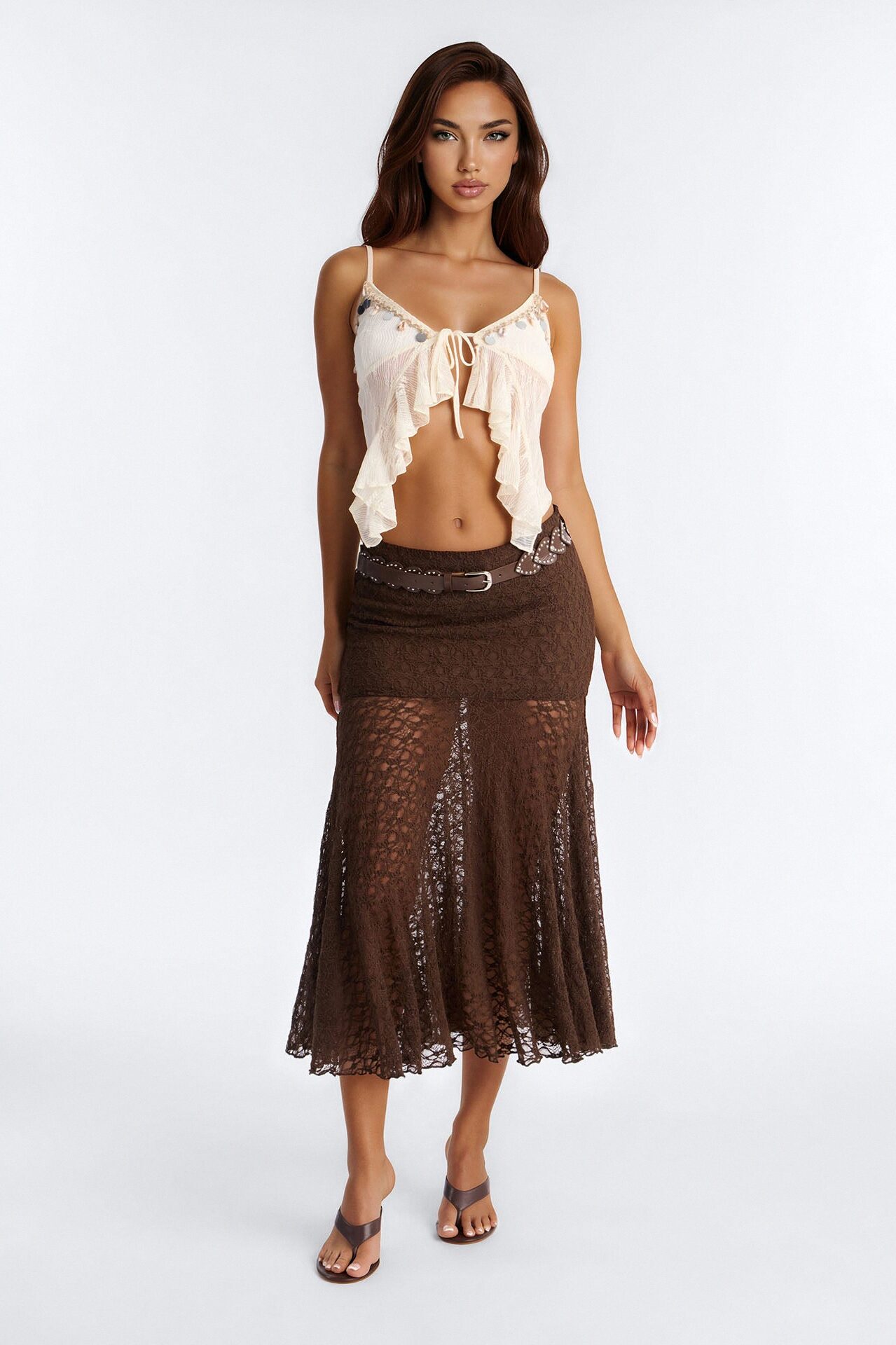 Jade Belted Lace Midi Skirt - Chocolate