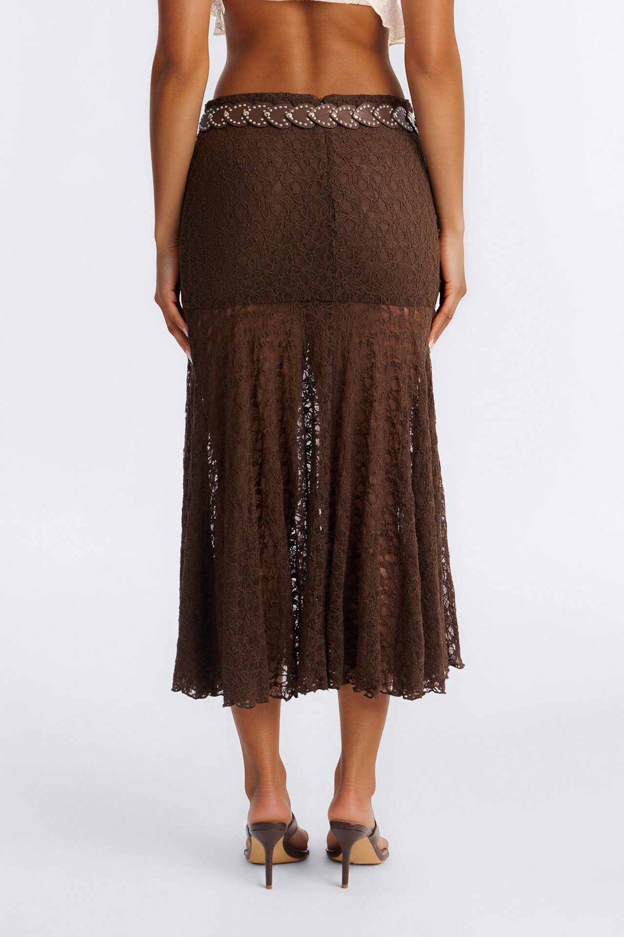 Jade Belted Lace Midi Skirt - Chocolate