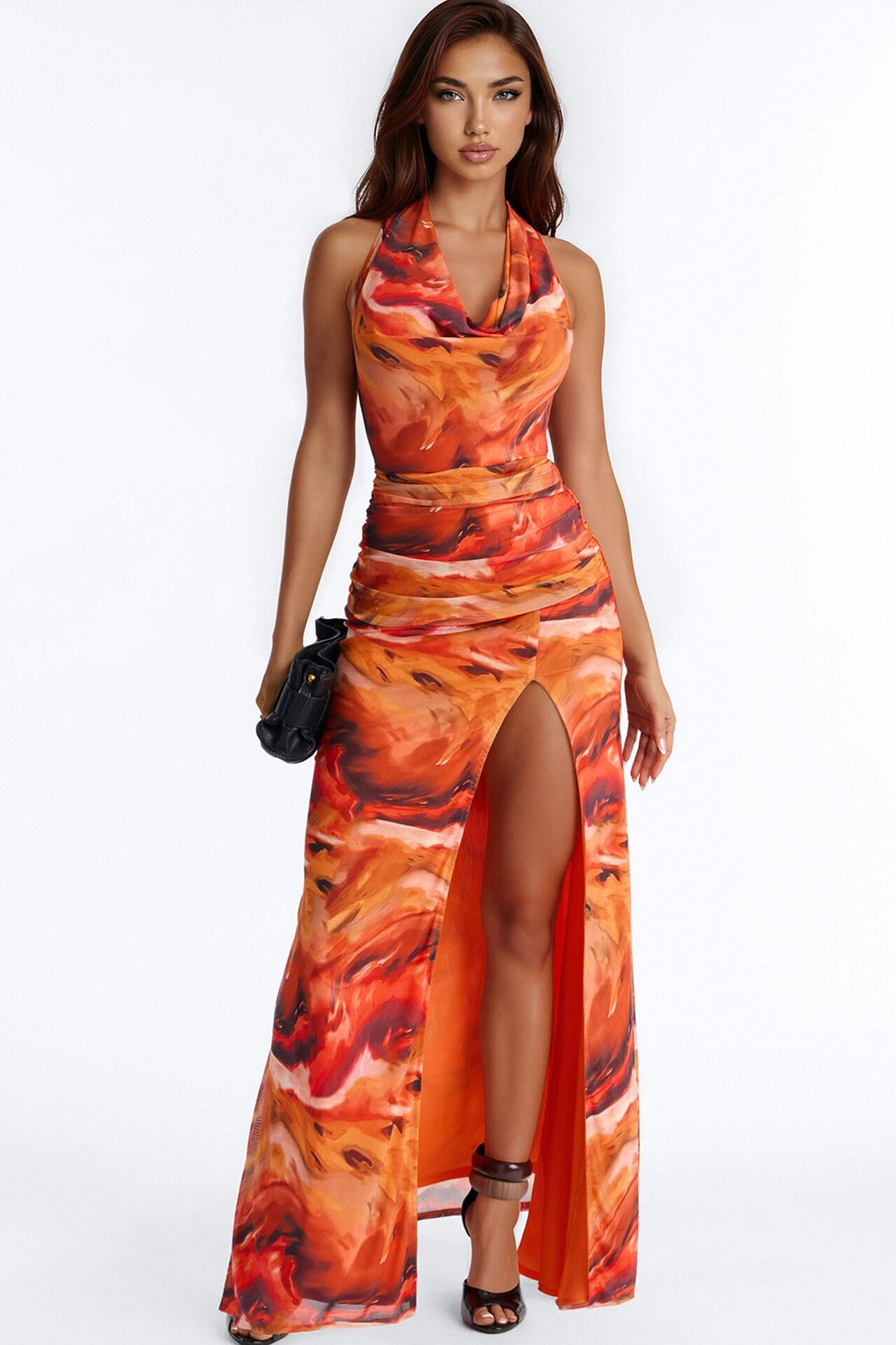 Heating Up Halter Mesh Maxi Dress - Orange/combo