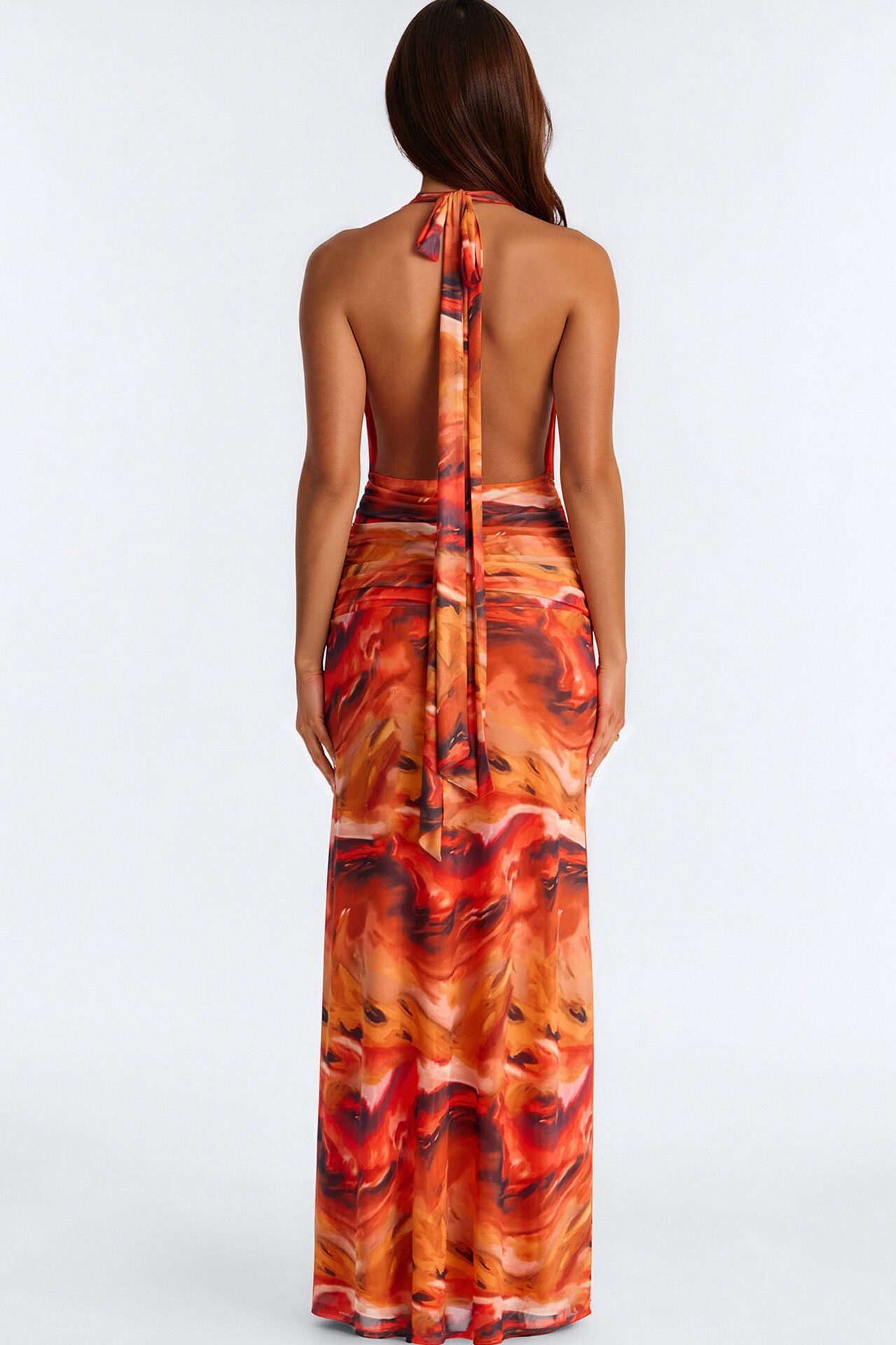 Heating Up Halter Mesh Maxi Dress - Orange/combo
