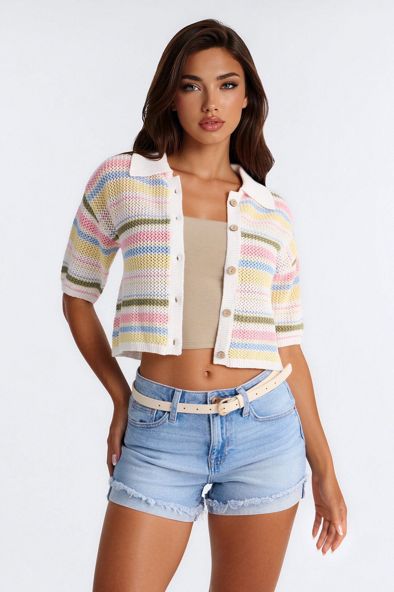Solvita Striped Button Front Collared Crochet Top - Multi Color