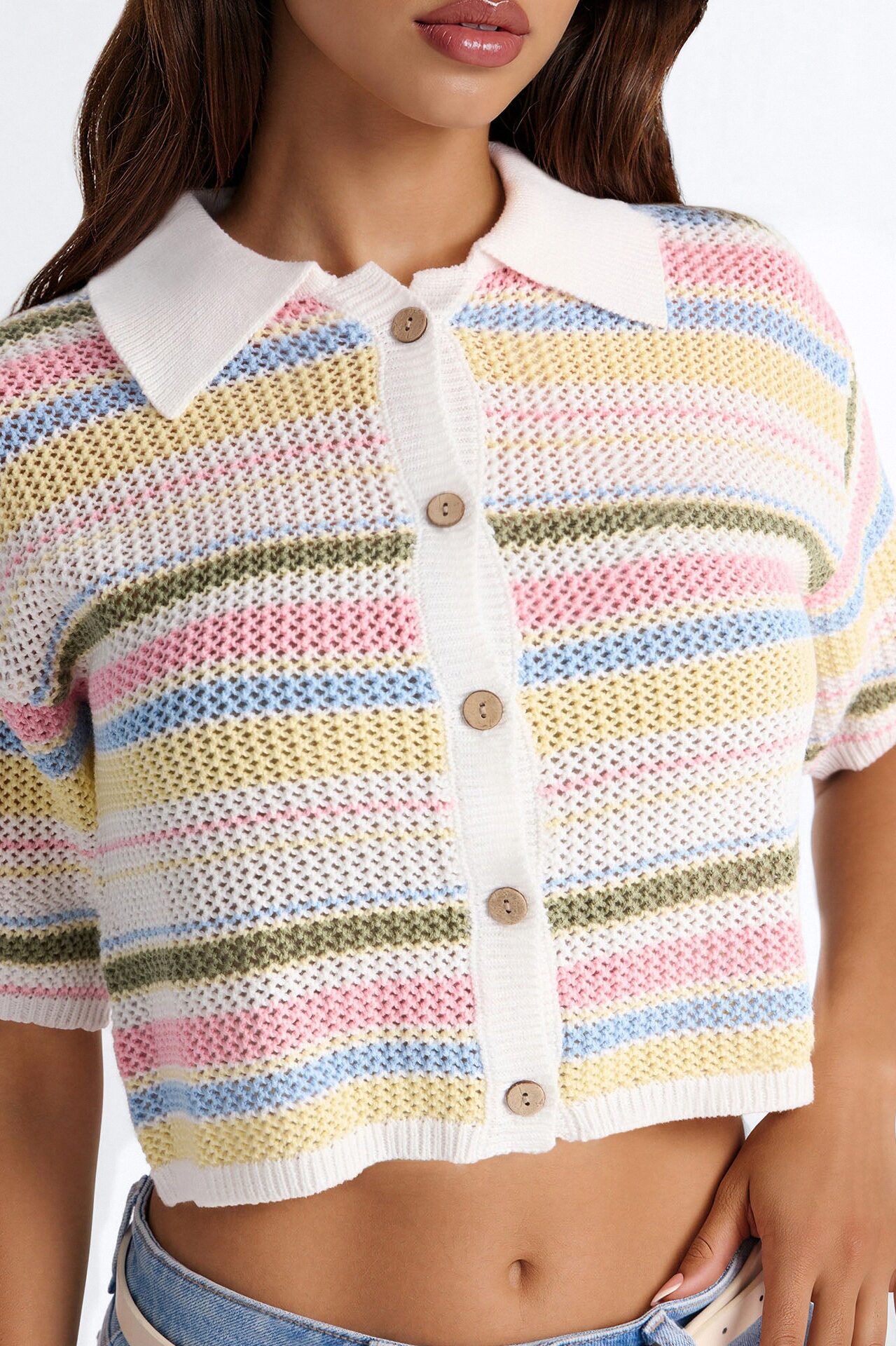 Solvita Striped Button Front Collared Crochet Top - Multi Color