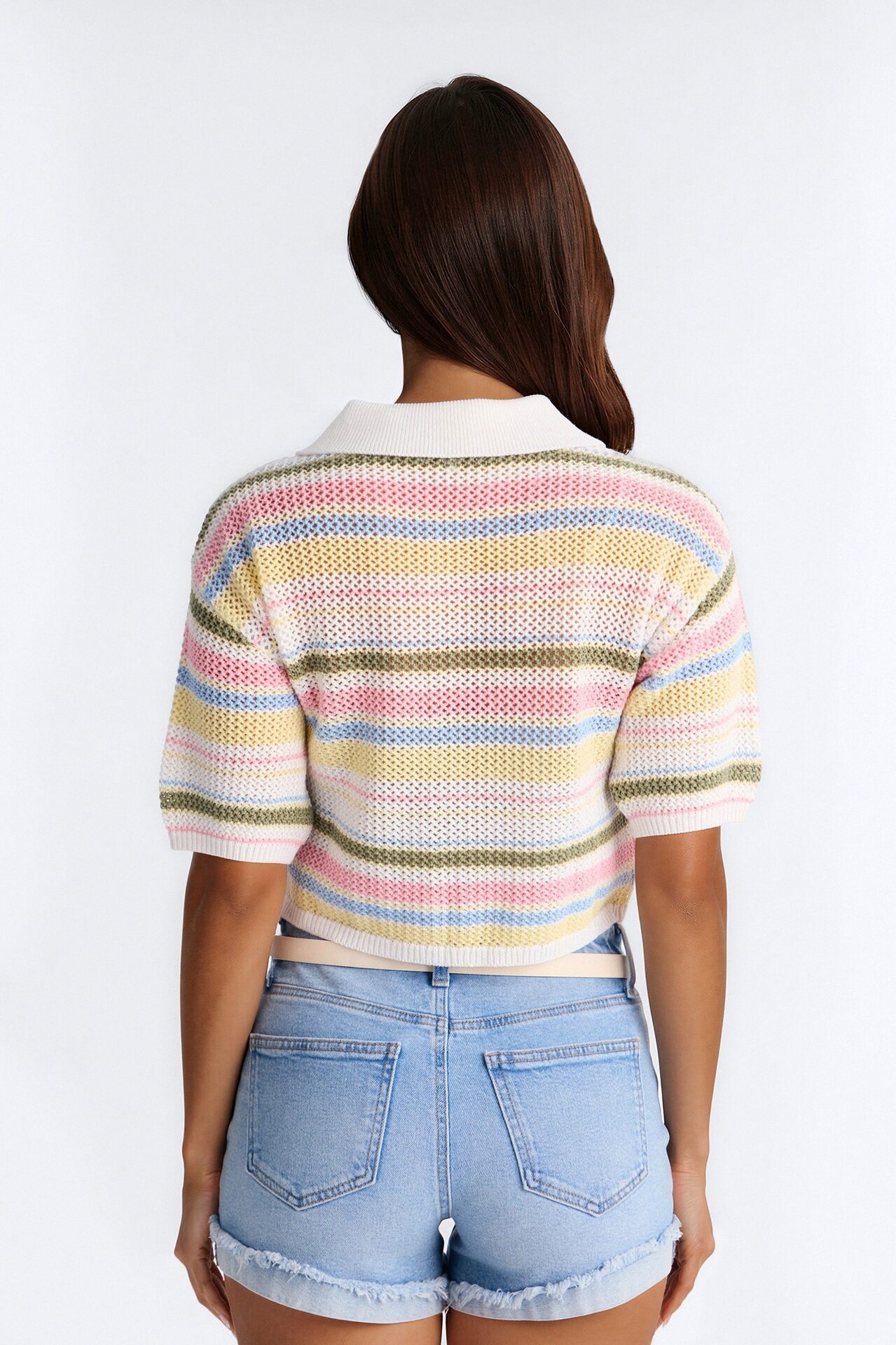Solvita Striped Button Front Collared Crochet Top - Multi Color
