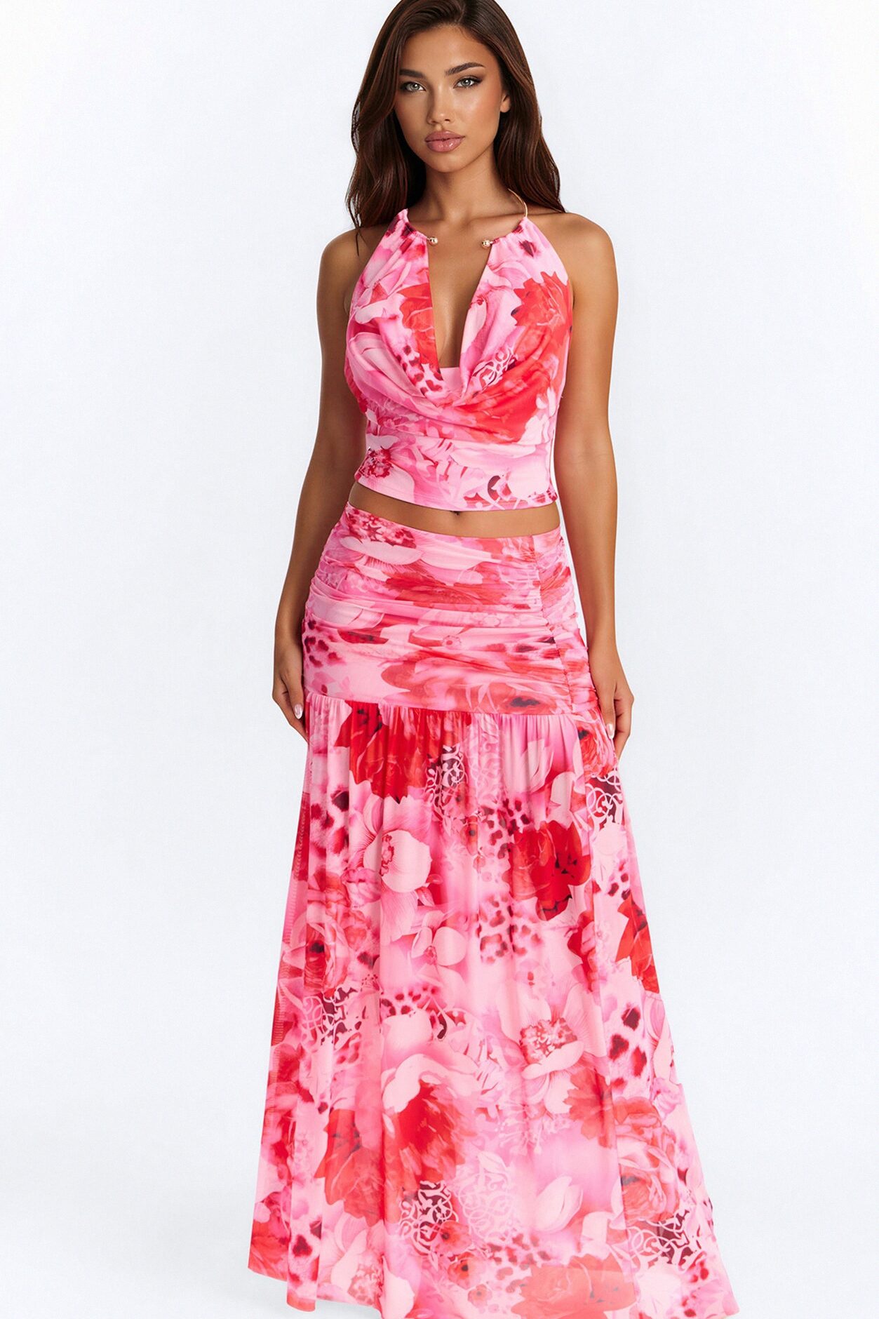 Veronica Hardware Halter Maxi Skirt Set - Pink/combo