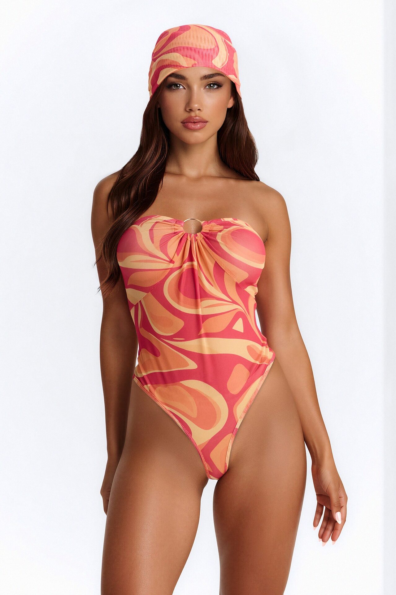 Maddie Abstract Mesh 2 Piece Head Scarf and Bodysuit - Orange/combo