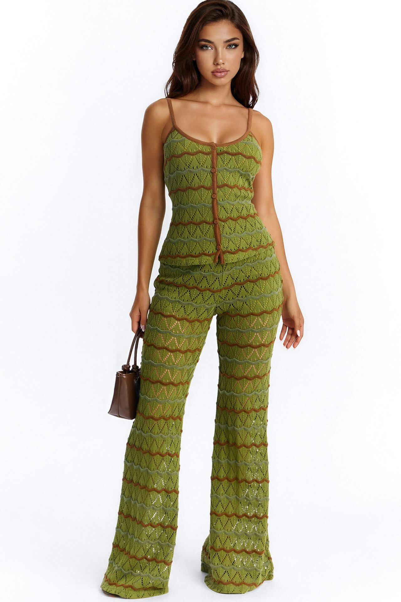Natalie Flare Crochet Pant Set - Green