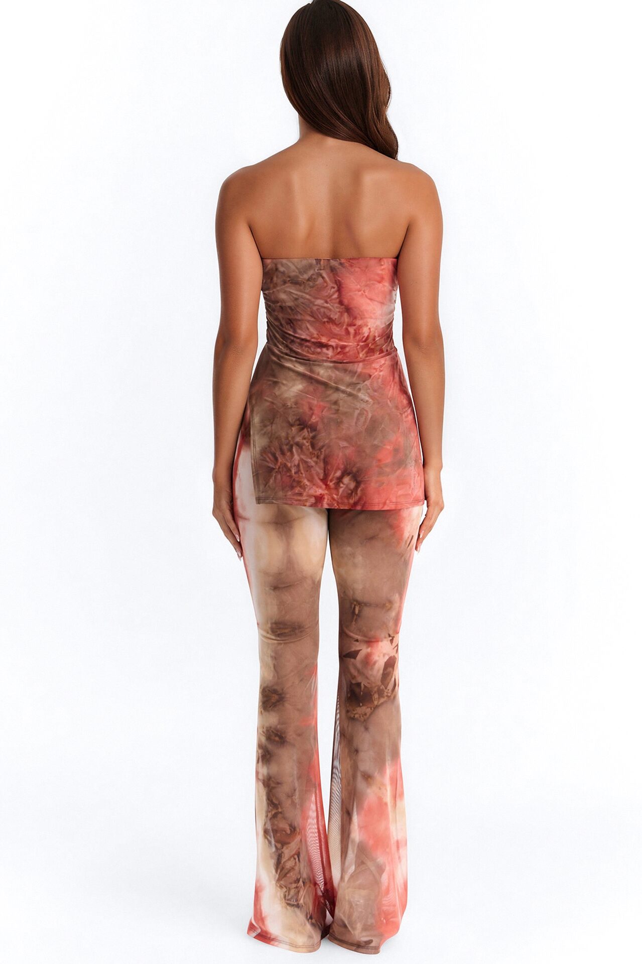Isabella Mesh Tie Dye Flare Jumpsuit - Brown/combo