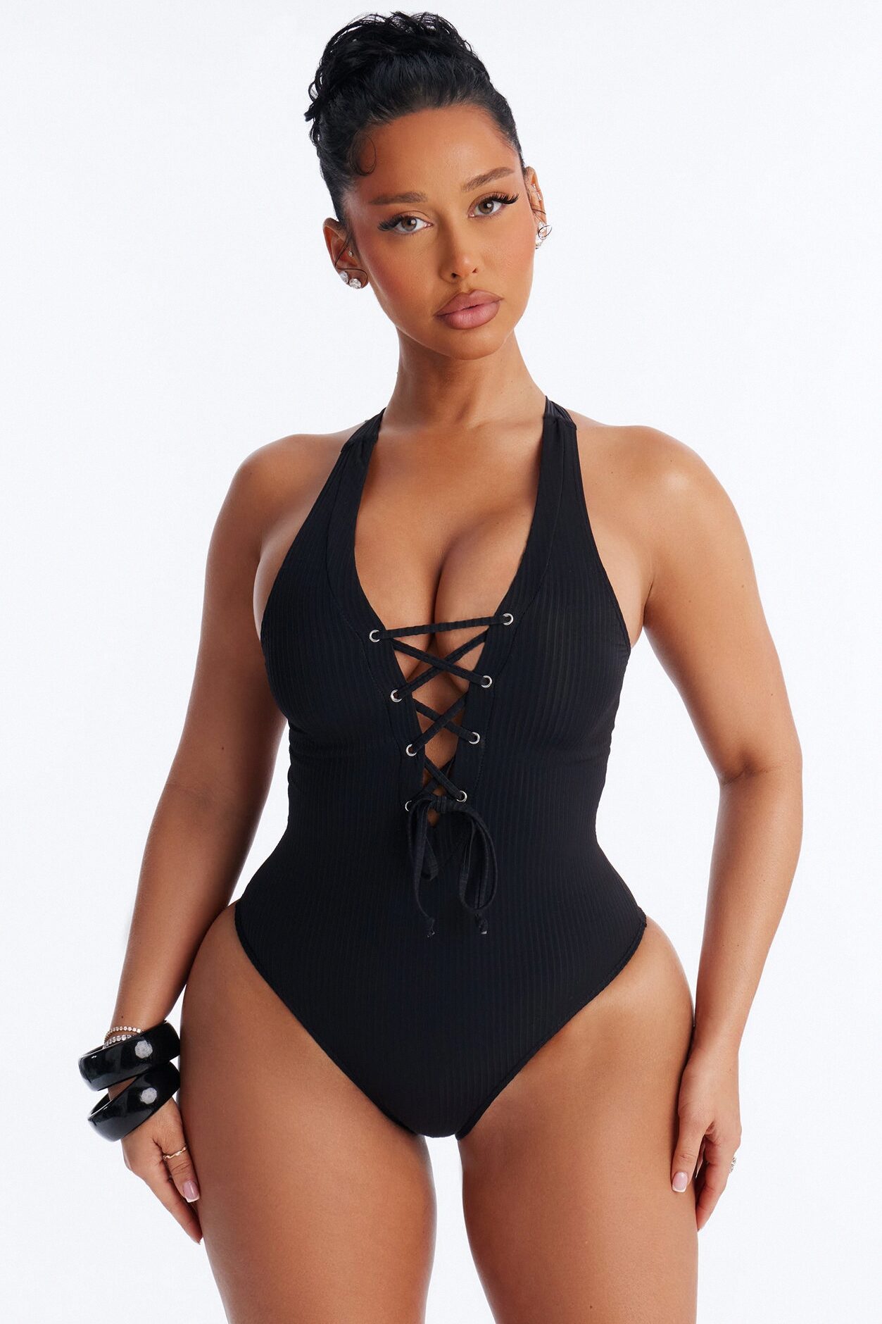 Clear Water Textured Lace Up V-Neck 1 Piece Swimsuit - Black