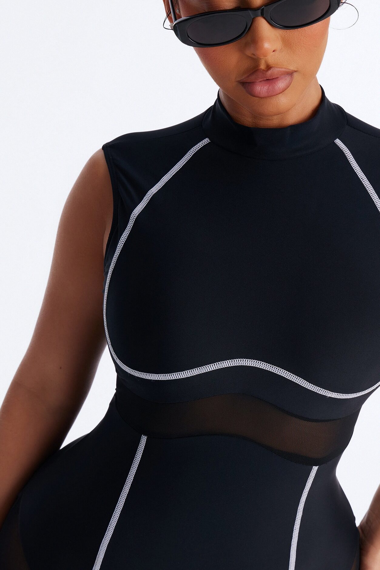 Jestena 1 Piece Turtle Neck Cutout Mesh Romper Swimsuit - Black