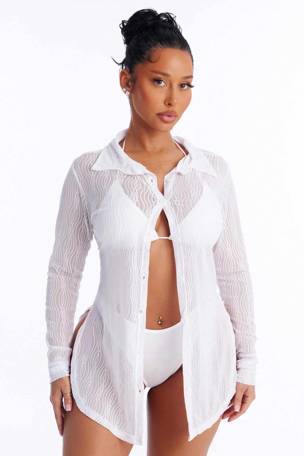 Take It Easy Mesh Cover Up Button Up Shirt - White