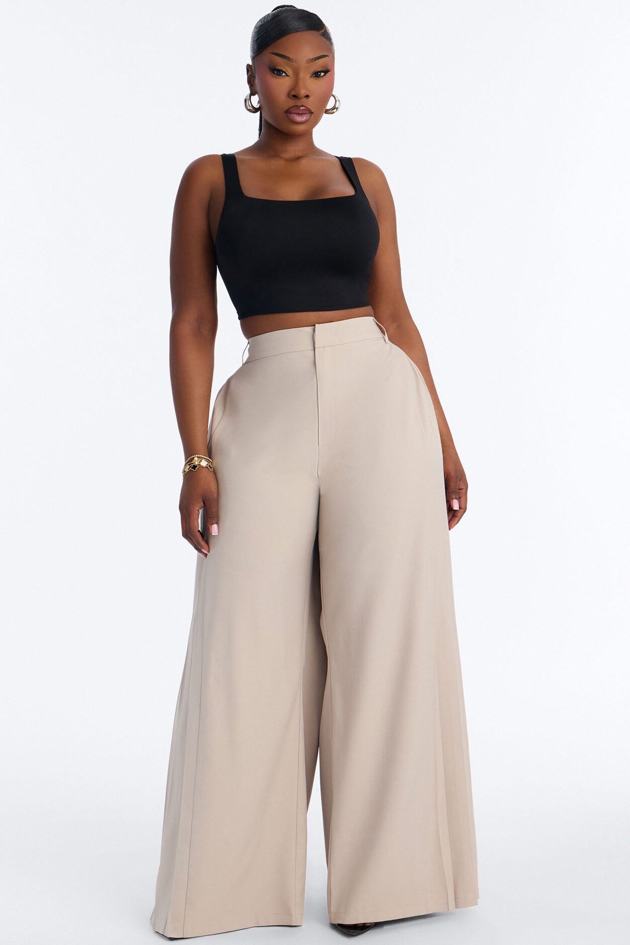 Hailey High Rise Pleated Wide Leg Trouser - Stone