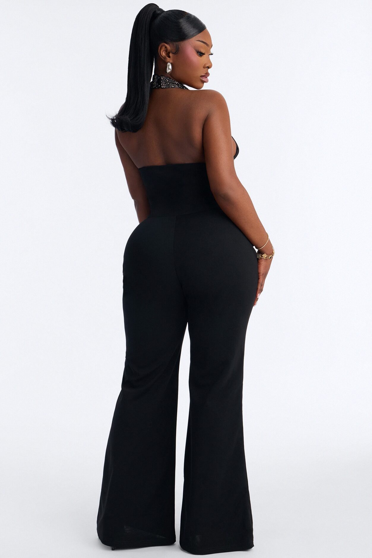 Glam Hour Rhinestone Halter Pant Set - Black