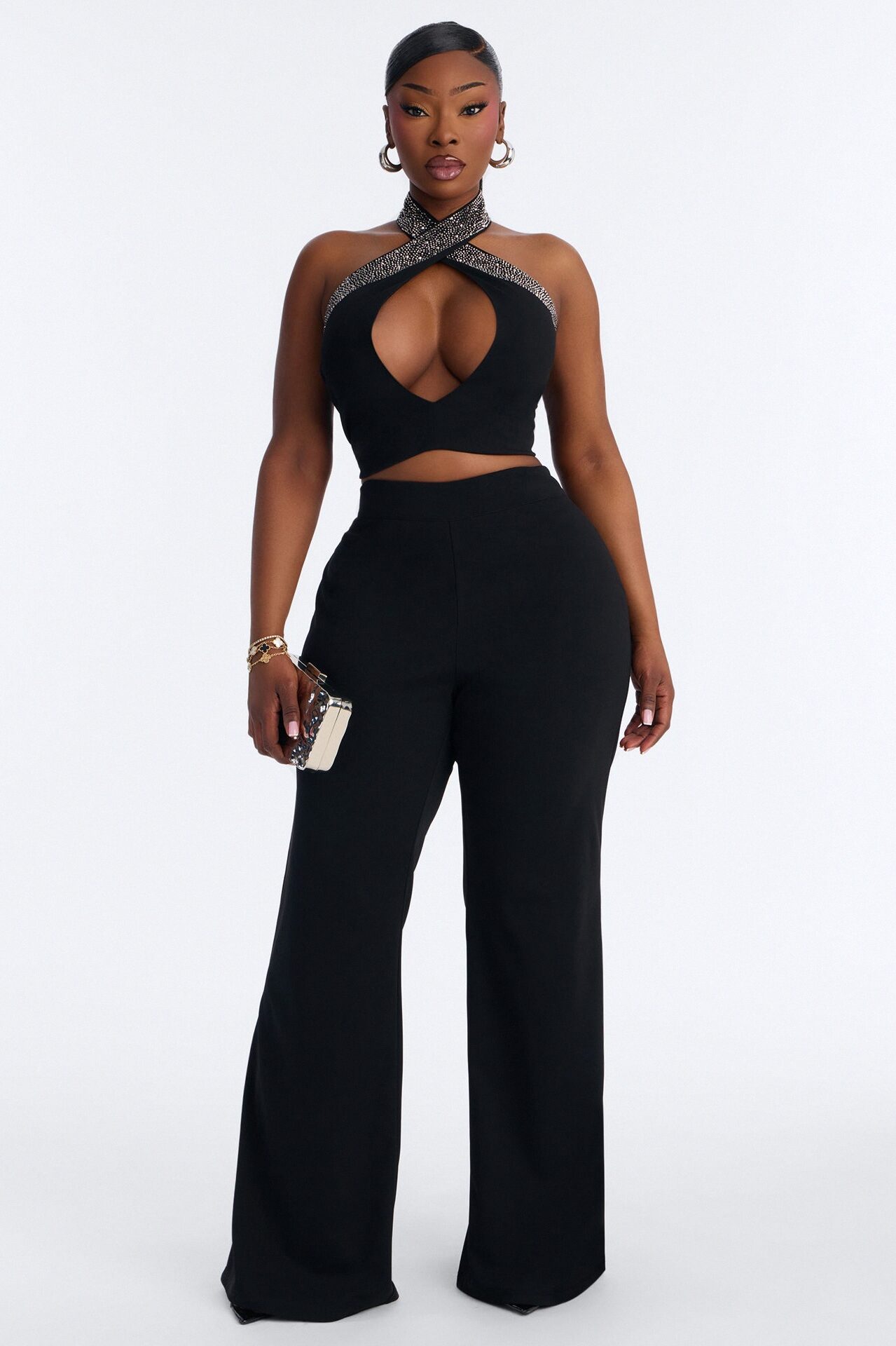 Glam Hour Rhinestone Halter Pant Set - Black