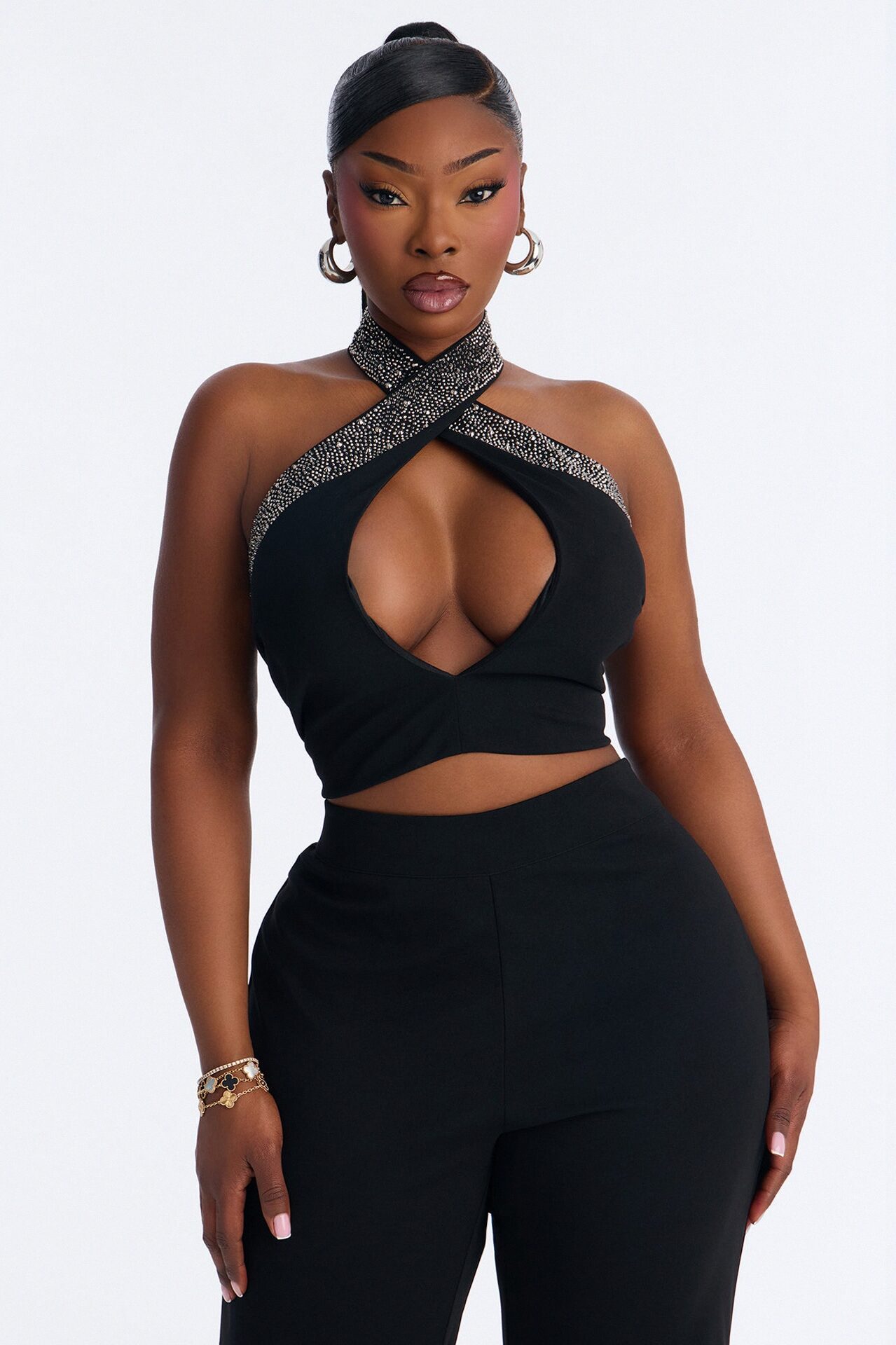 Glam Hour Rhinestone Halter Pant Set - Black