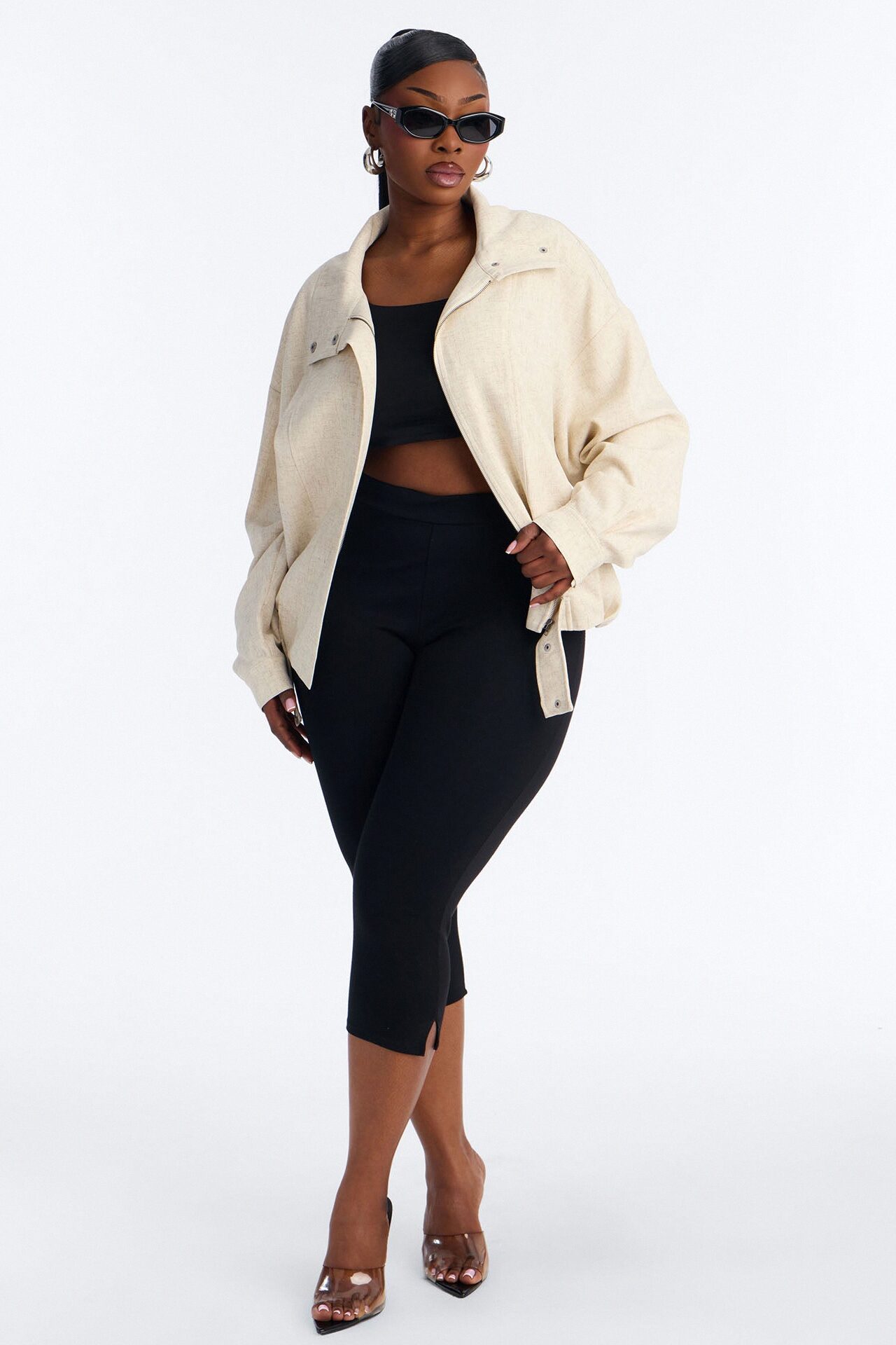 Heather Funnel Neck Bomber Jacket - Natural