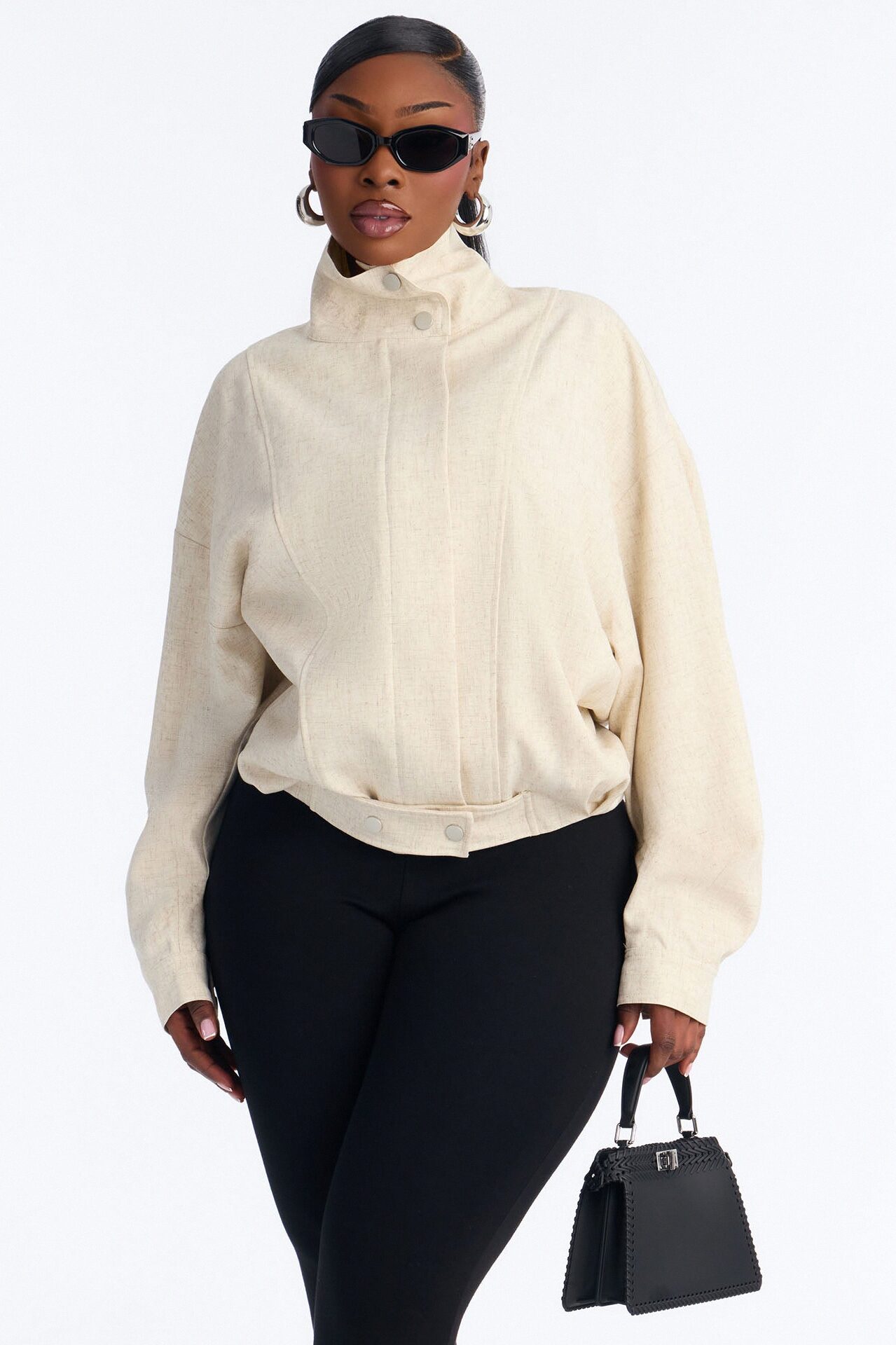 Heather Funnel Neck Bomber Jacket - Natural