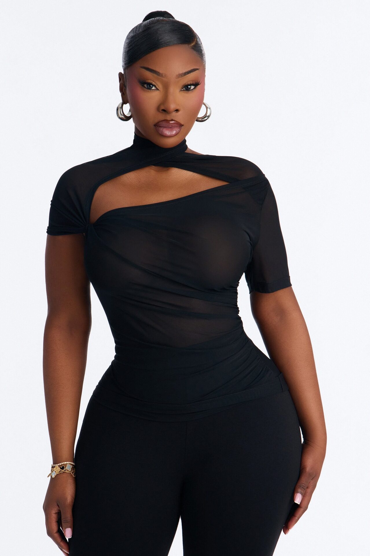 Sophie Power Mesh Twist Short Sleeve Top - Black
