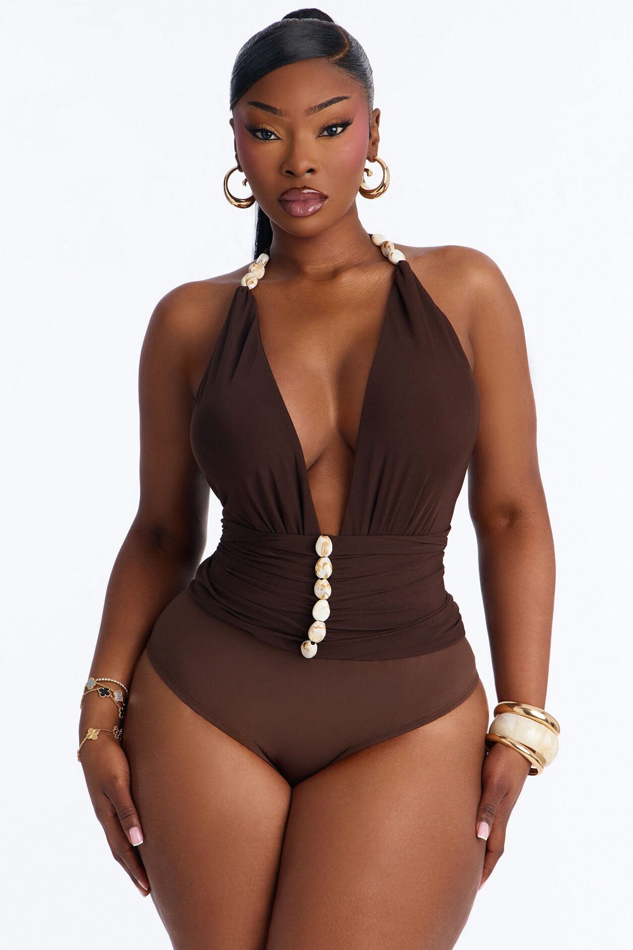 Bay Islands Beaded Deep V Neck Halter Bodysuit - Dark Brown