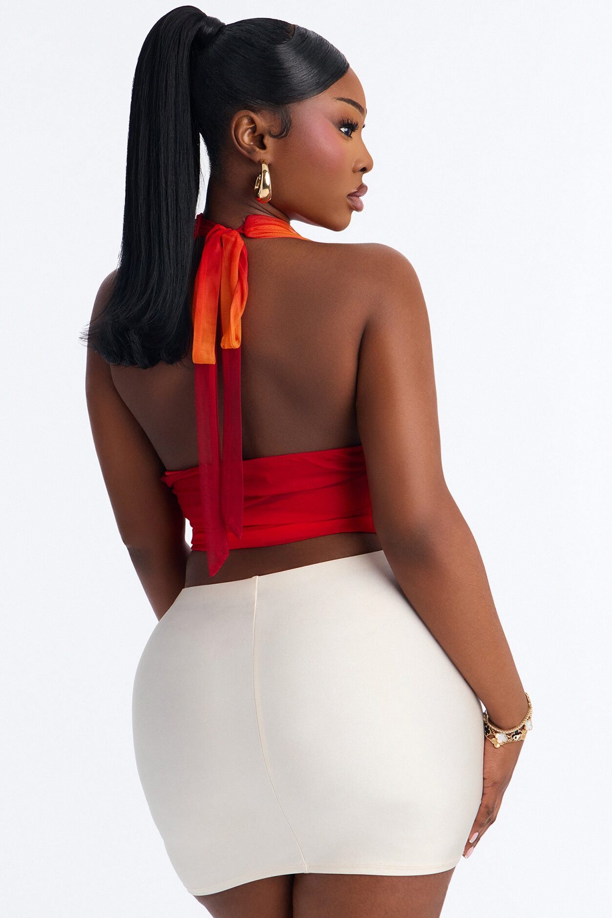 Sunsets Ombre Mesh Deep V Neck Halter Top - Red/combo