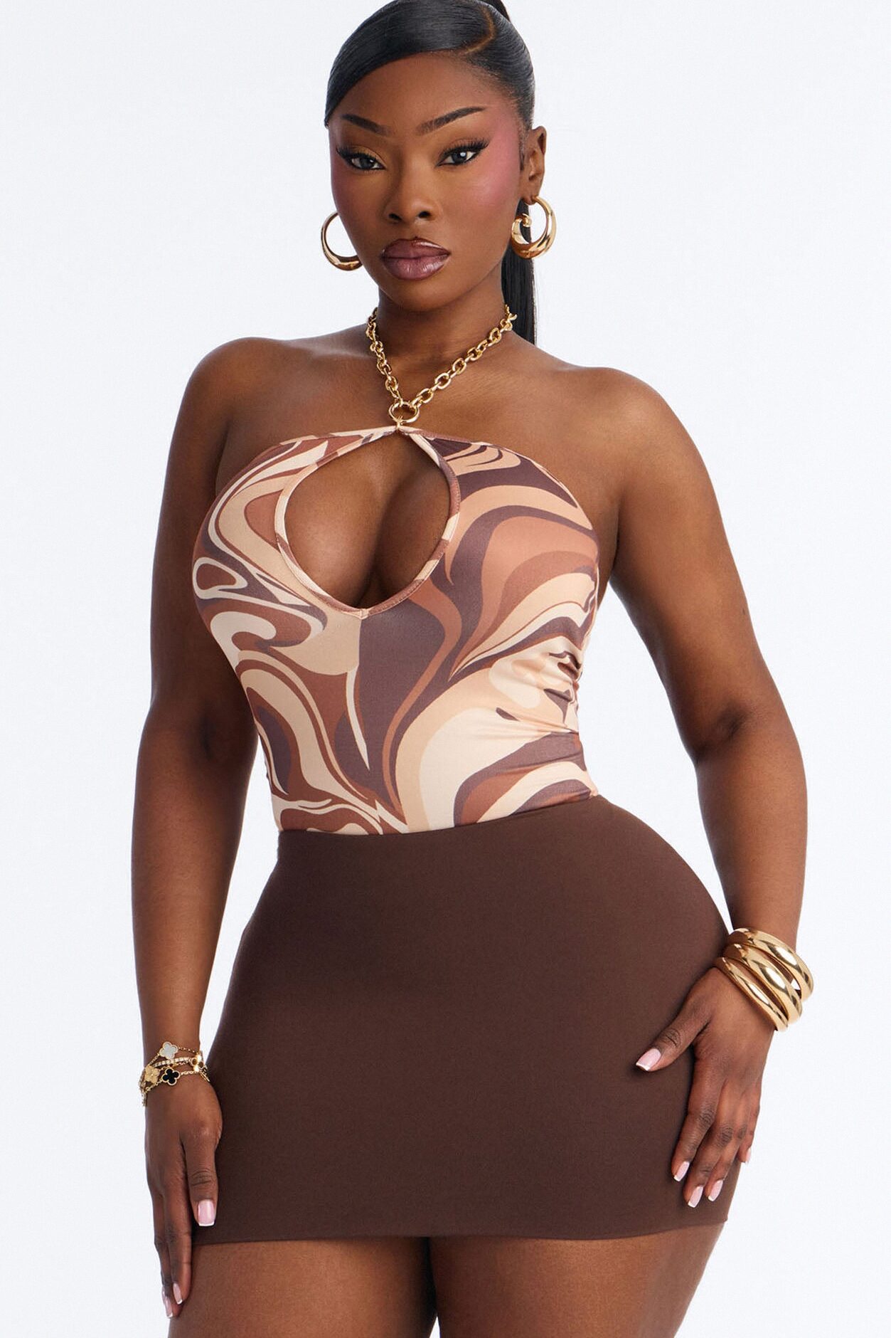 Capri Abstract Y Neck Chain Bodysuit - Brown/combo