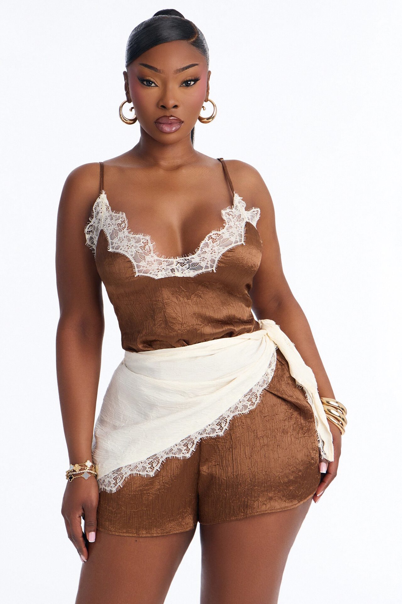 Cara Lace Trim Waist Scarf Romper - Chocolate