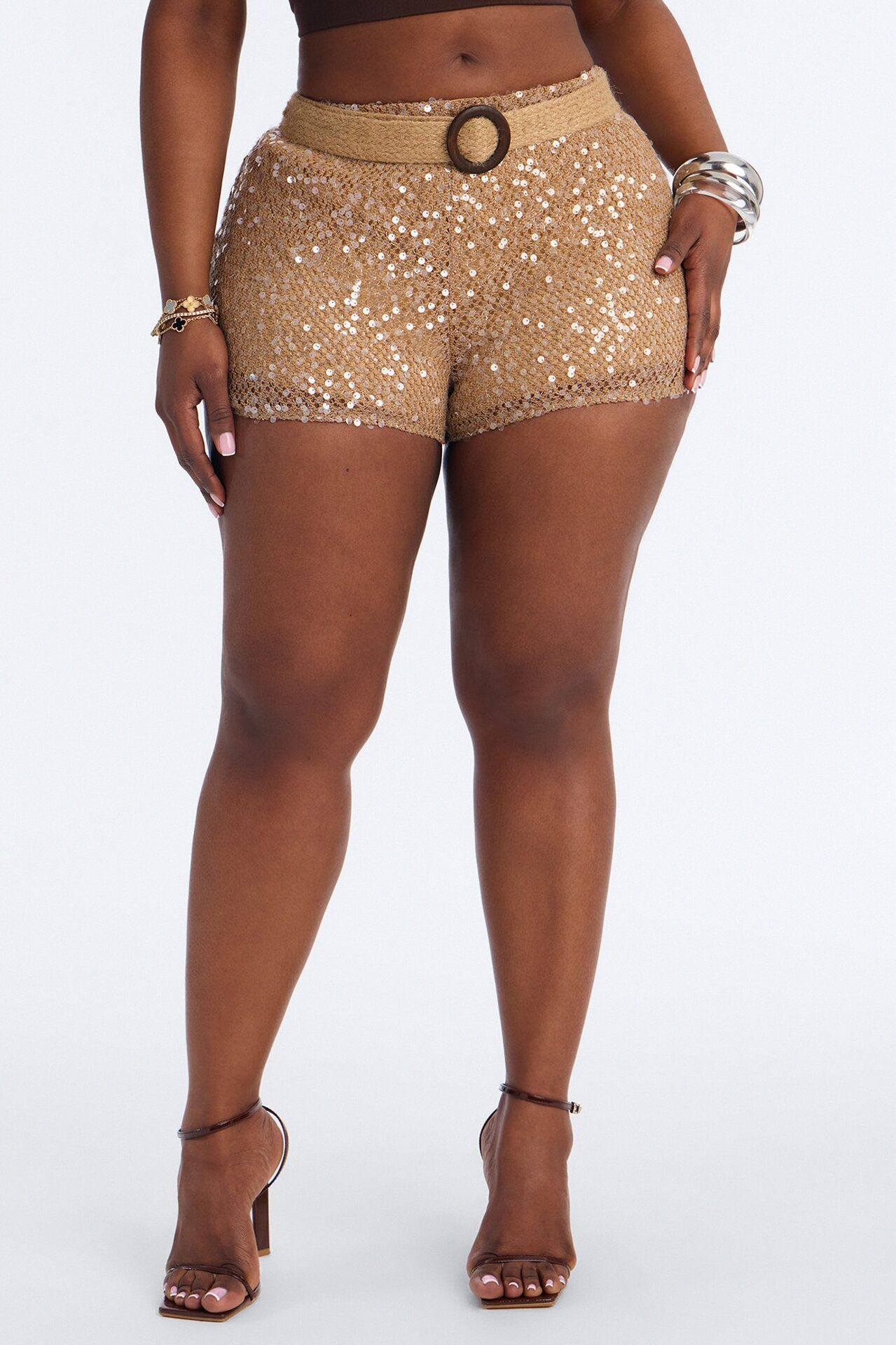 Aitana Low Rise Crochet Sequin Belted Hot Short - Natural
